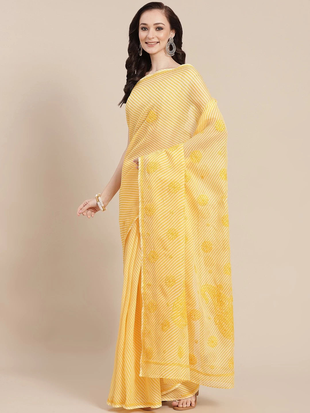 Ada Hand Embroidered Yellow Kota Lucknow Chikankari Saree With Blouse A311354