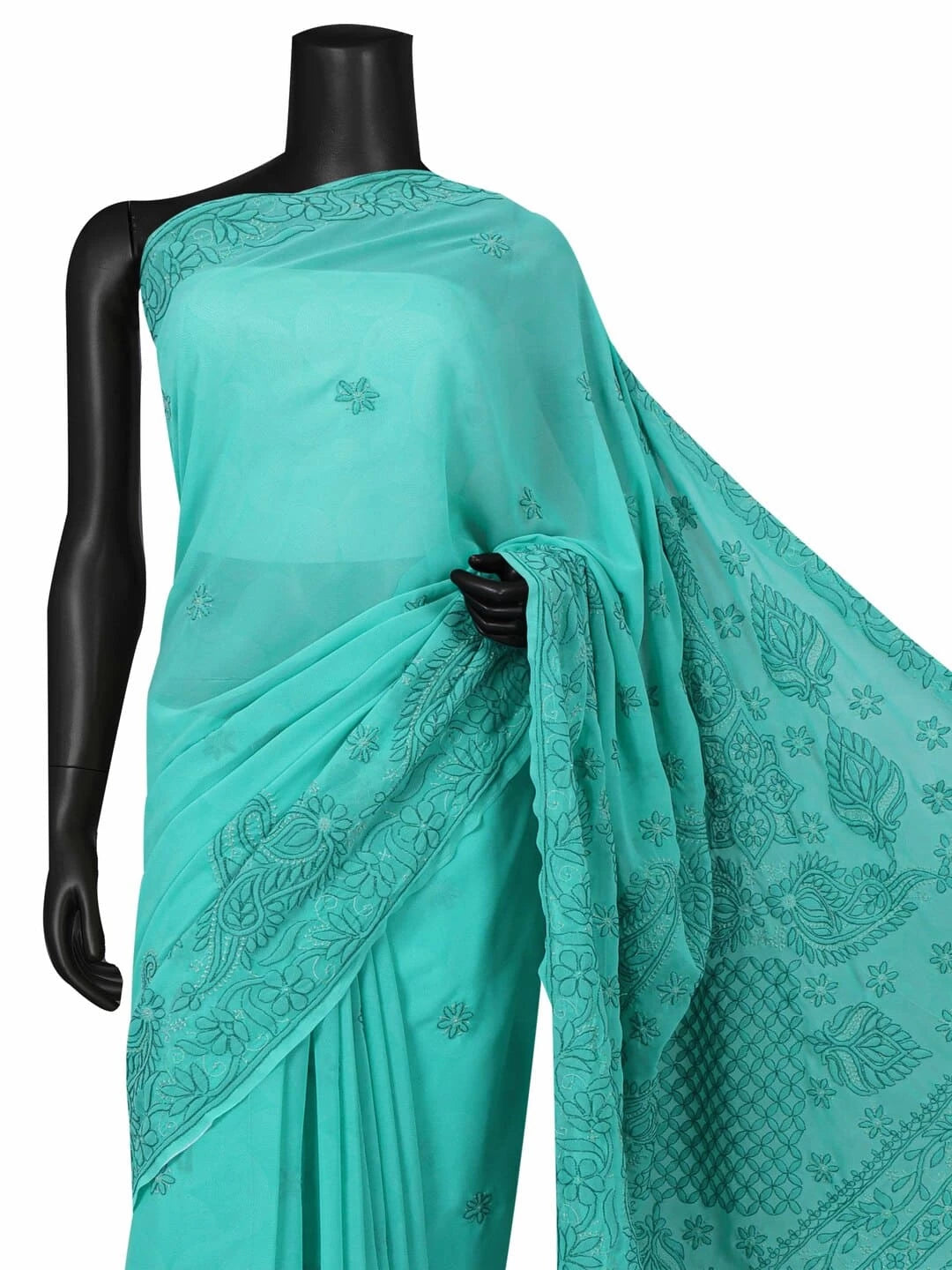 Ada Hand Embroidered Green Georgette Lucknowi Chikankari Saree With Blouse A599515