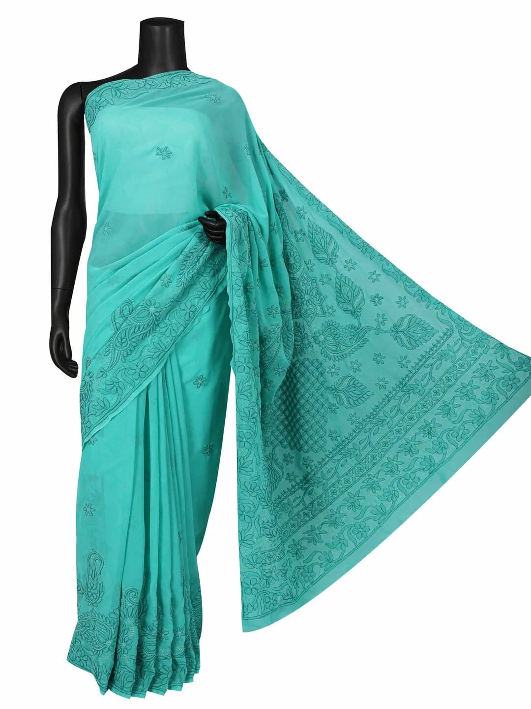 Ada Hand Embroidered Green Georgette Lucknowi Chikankari Saree With Blouse A599515