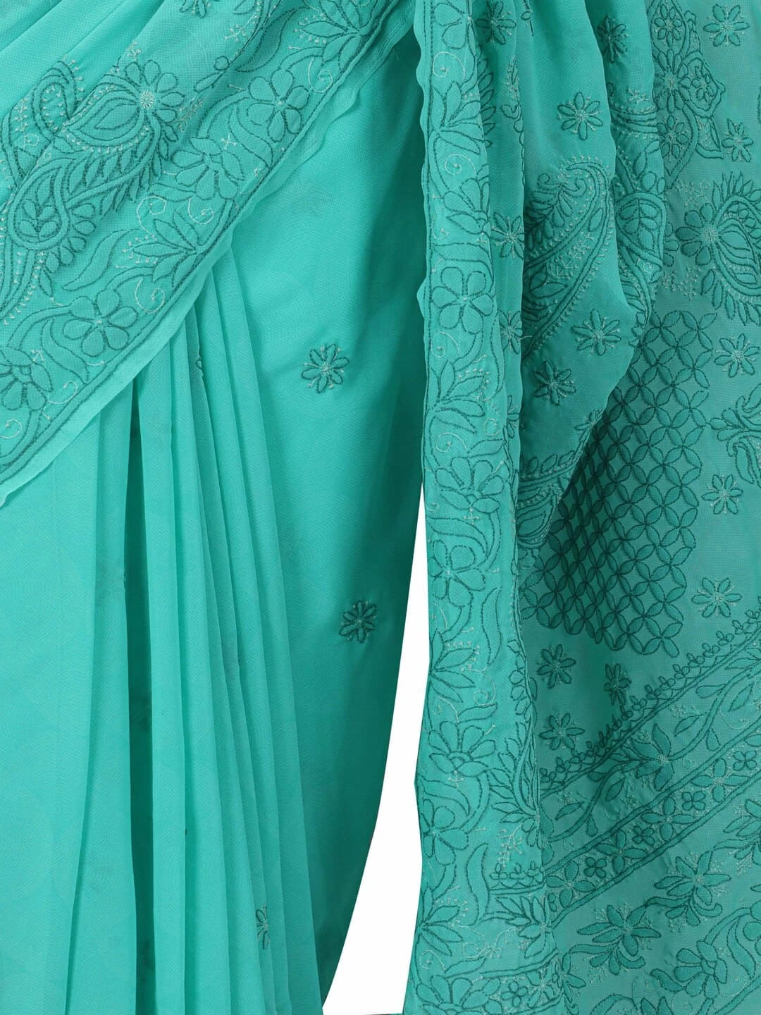 Ada Hand Embroidered Green Georgette Lucknowi Chikankari Saree With Blouse A599515