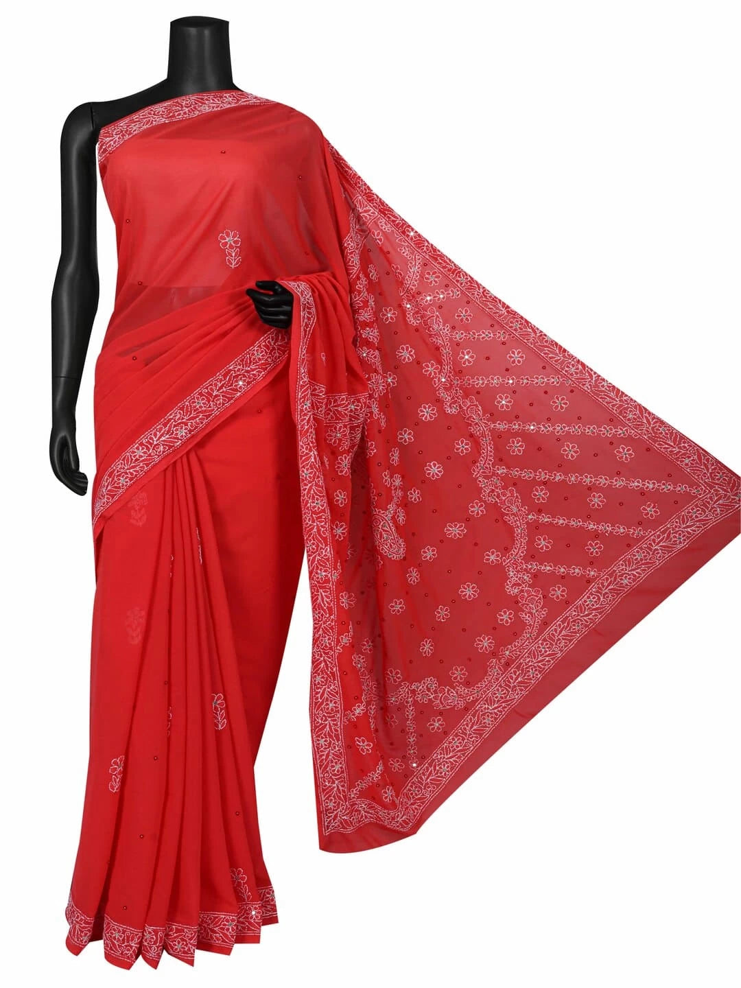Ada Hand Embroidered Carrot Pink Georgette Lucknowi Chikankari Saree/Blouse With Sequinned Work 01A41484