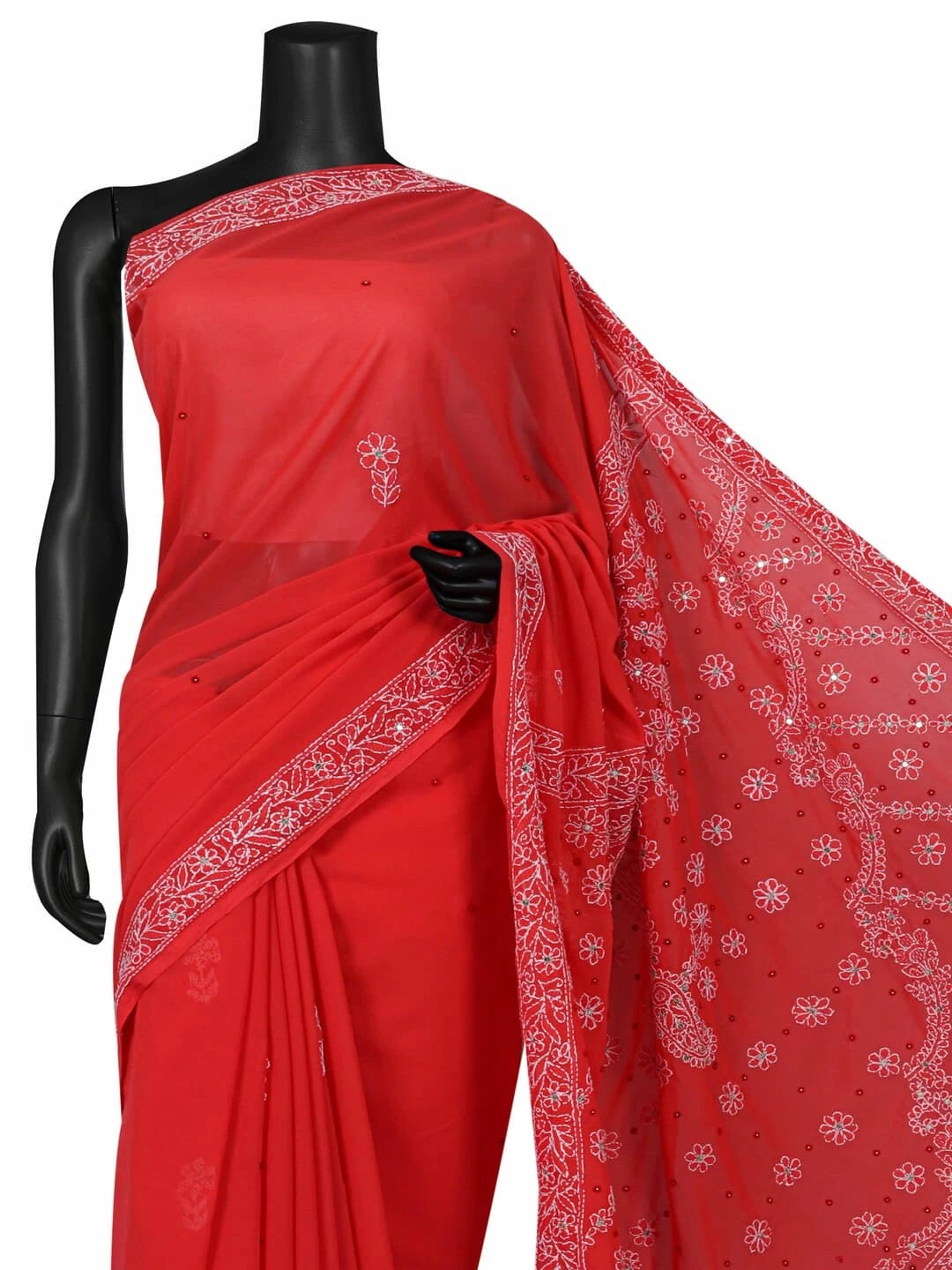 Ada Hand Embroidered Carrot Pink Georgette Lucknowi Chikankari Saree/Blouse With Sequinned Work 01A41484