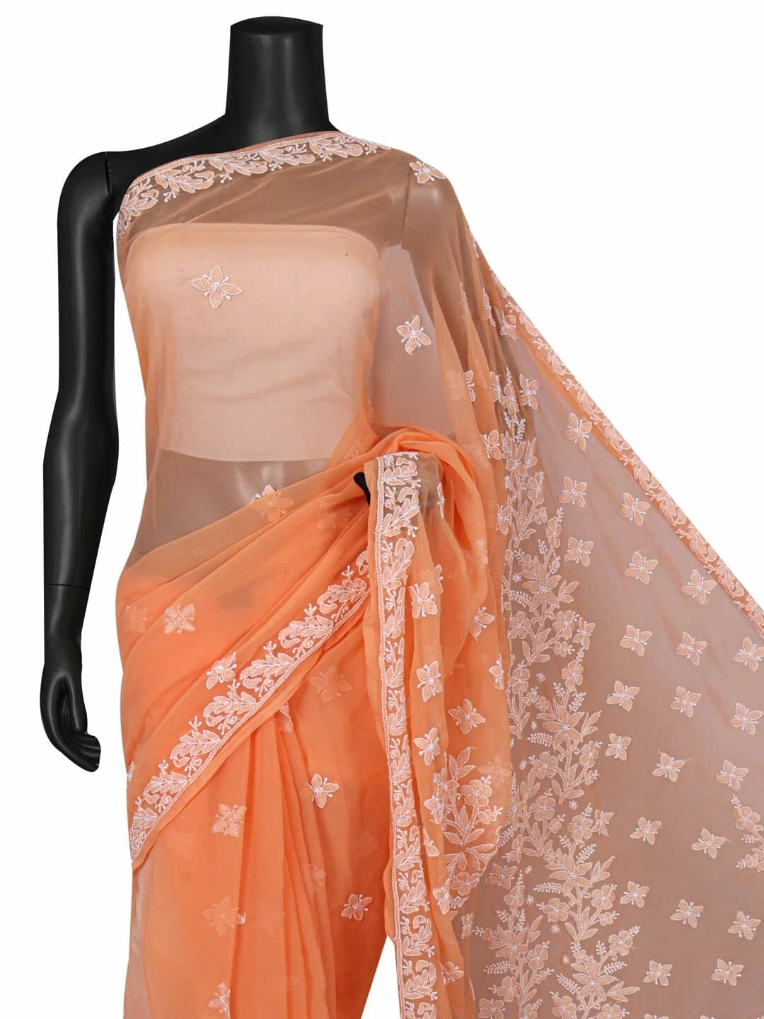 Ada Hand Embroidered Daylily Peach Georgette Lucknowi Chikankari Saree With Blouse A621734