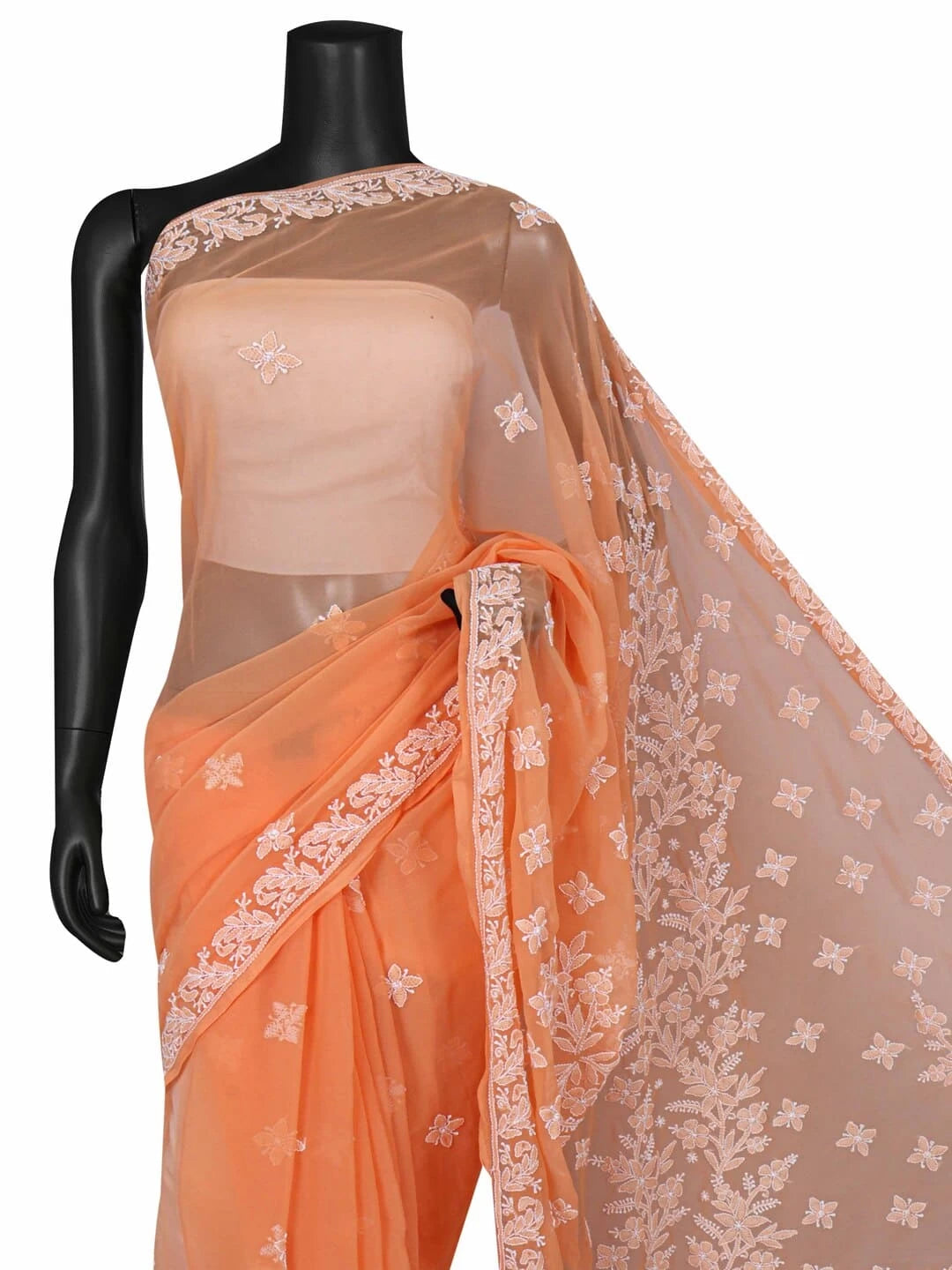 Ada Hand Embroidered Daylily Peach Georgette Lucknowi Chikankari Saree With Blouse A621734