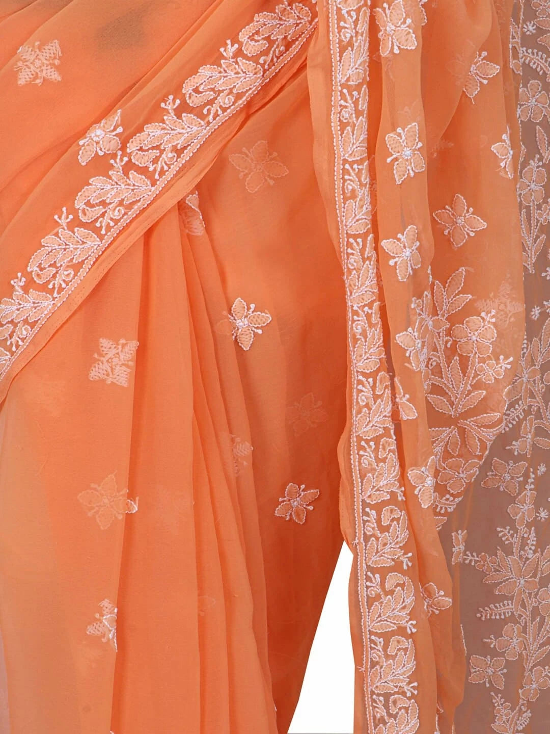 Ada Hand Embroidered Daylily Peach Georgette Lucknowi Chikankari Saree With Blouse A621734