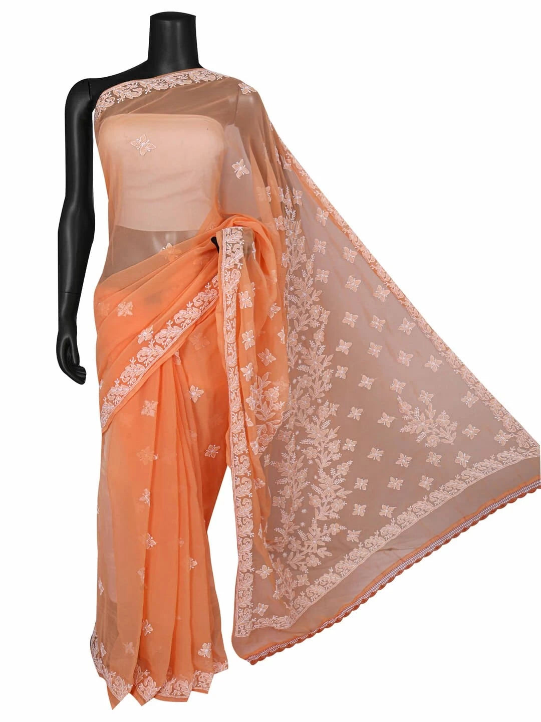 Ada Hand Embroidered Daylily Peach Georgette Lucknowi Chikankari Saree With Blouse A621734