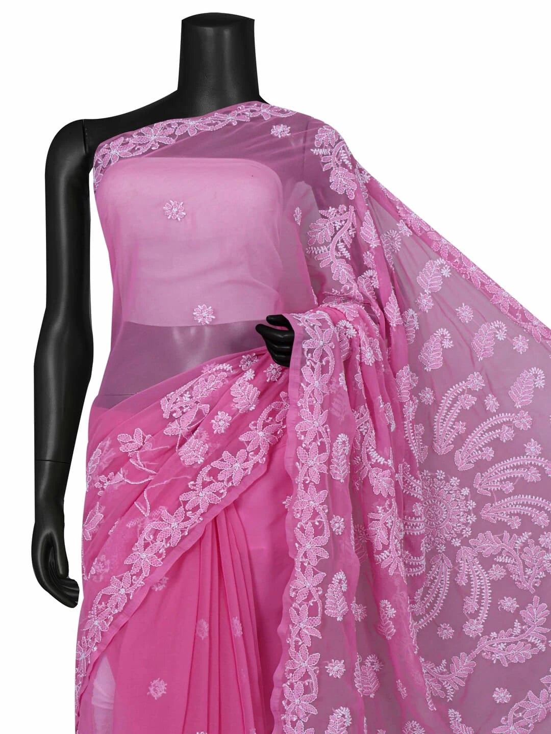 Ada Hand Embroidered Pink Georgette Lucknowi Chikankari Saree/Blouse A452093