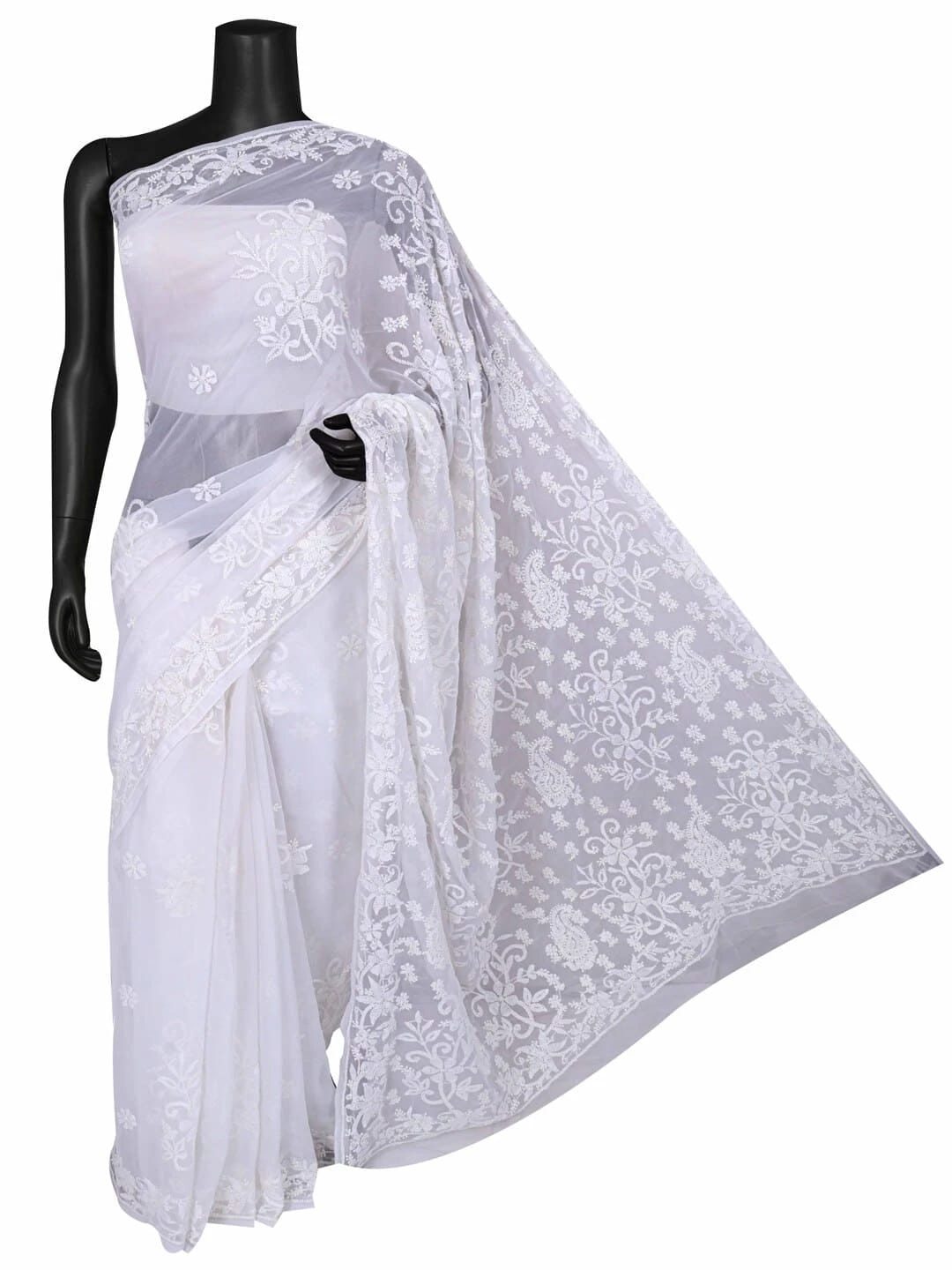 Ada Hand Embroidered White Georgette Lucknowi Chikankari Saree With Blouse A497192