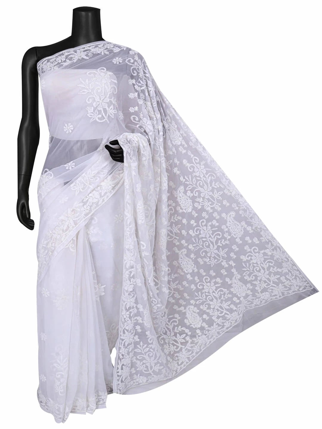 Ada Hand Embroidered White Georgette Lucknowi Chikankari Saree With Blouse A497192
