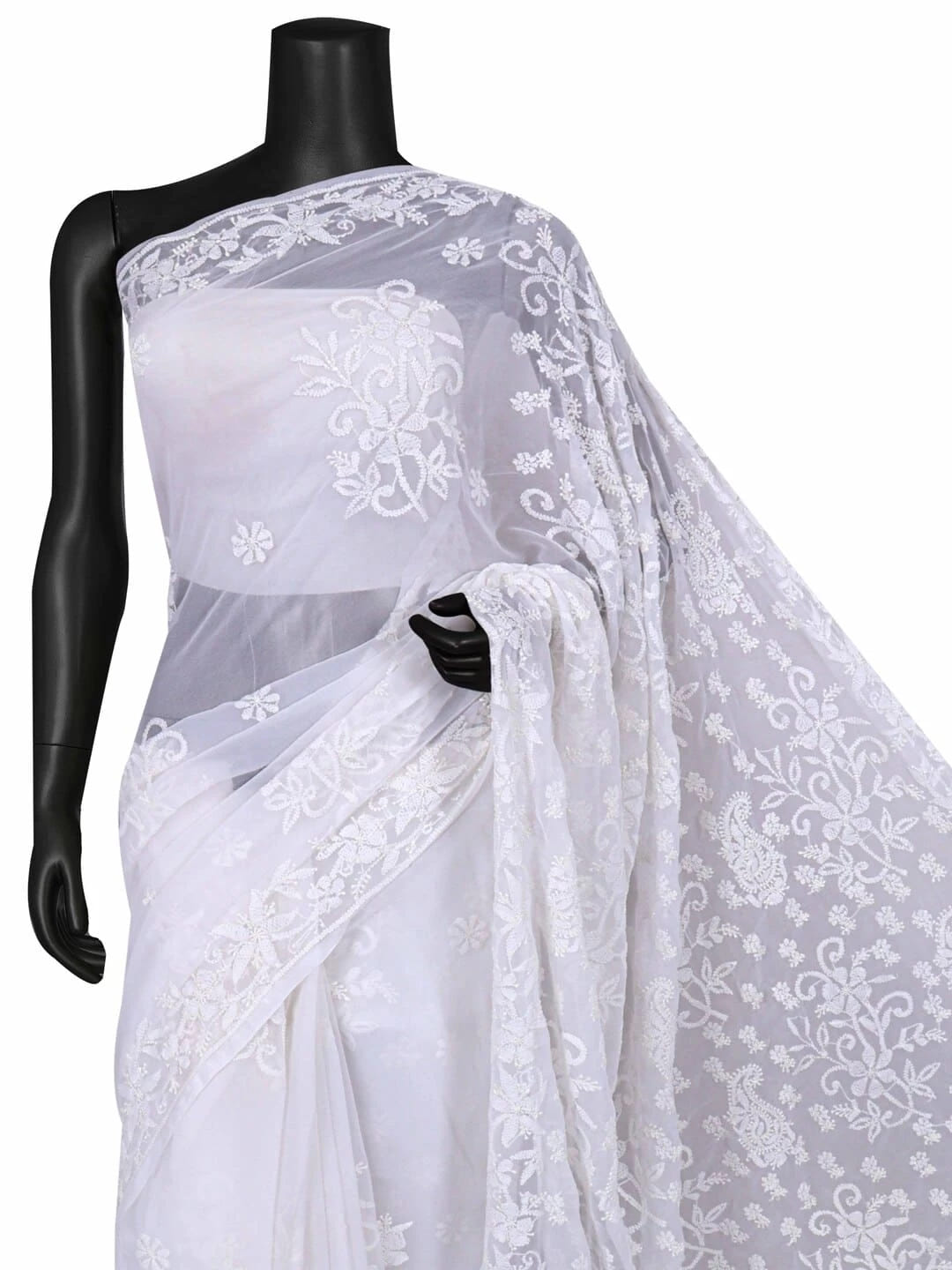 Ada Hand Embroidered White Georgette Lucknowi Chikankari Saree With Blouse A497192