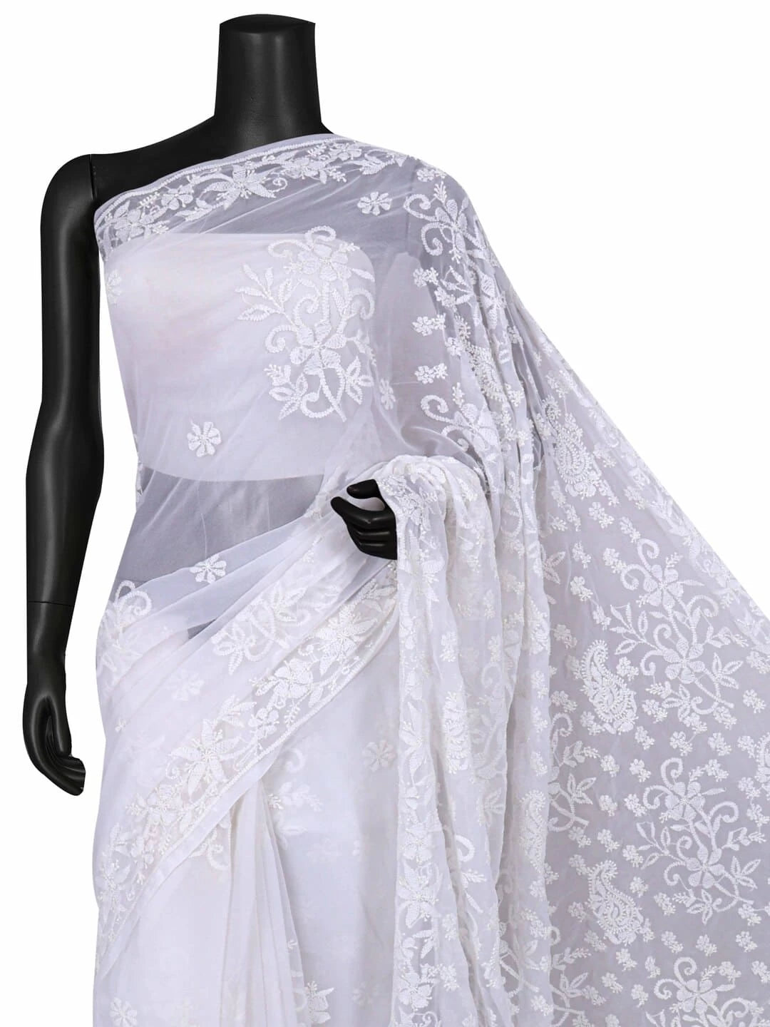 Ada Hand Embroidered White Georgette Lucknowi Chikankari Saree With Blouse A497192