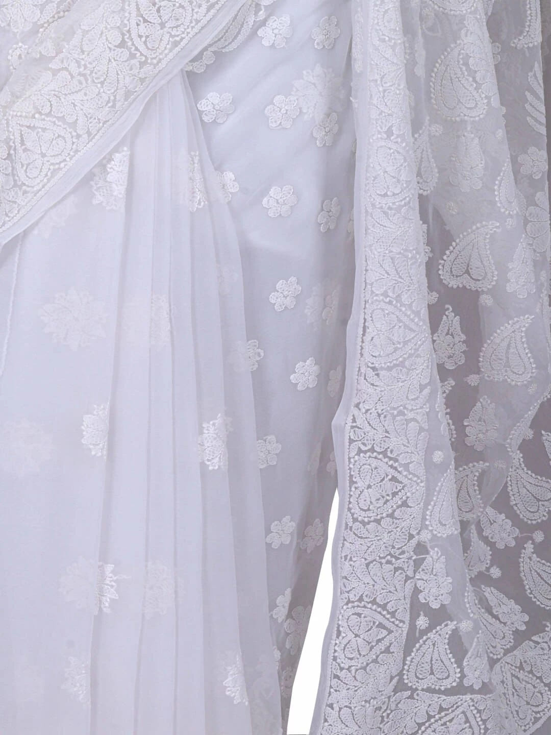 Ada Hand Embroidered White Georgette Lucknowi Chikankari Saree With Blouse 01A238158