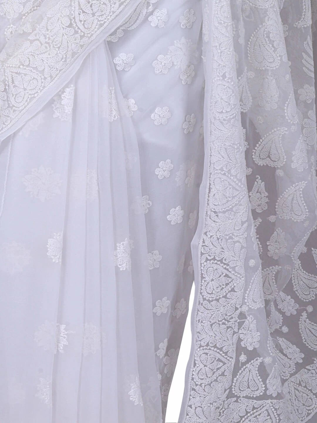 Ada Hand Embroidered White Georgette Lucknowi Chikankari Saree With Blouse 01A238158