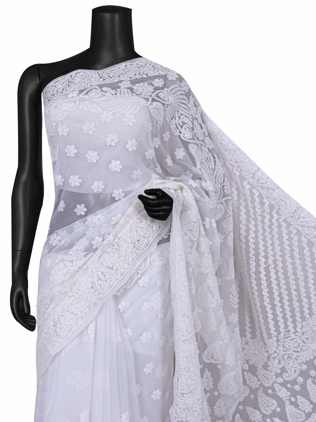 Ada Hand Embroidered White Georgette Lucknowi Chikankari Saree With Blouse 01A238158