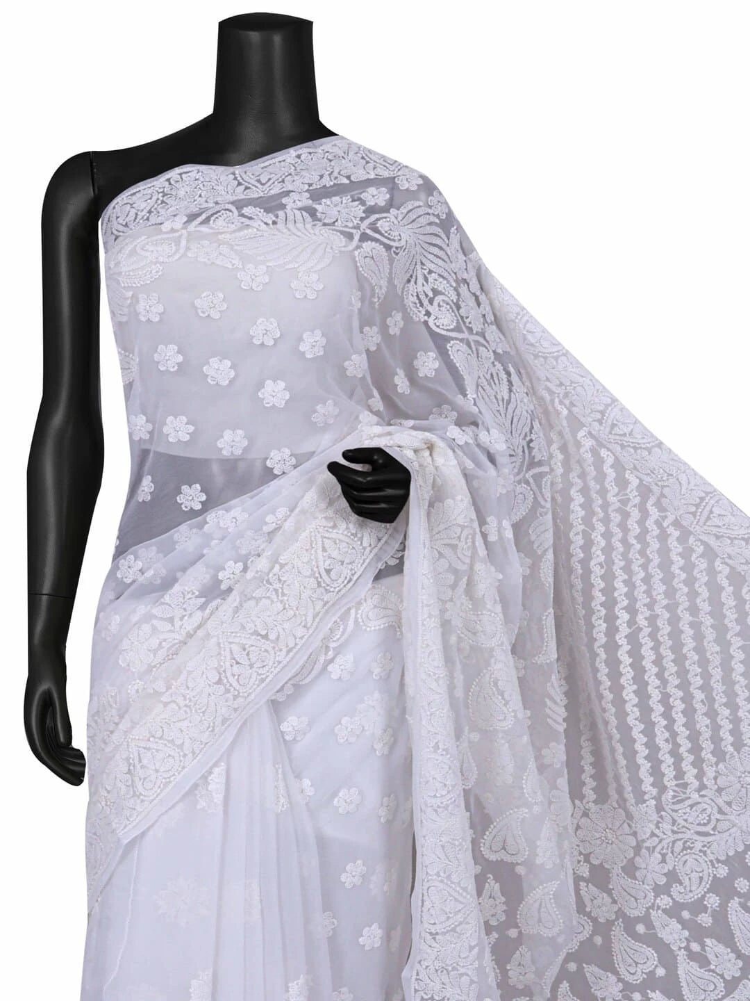 Ada Hand Embroidered White Georgette Lucknowi Chikankari Saree With Blouse 01A238158