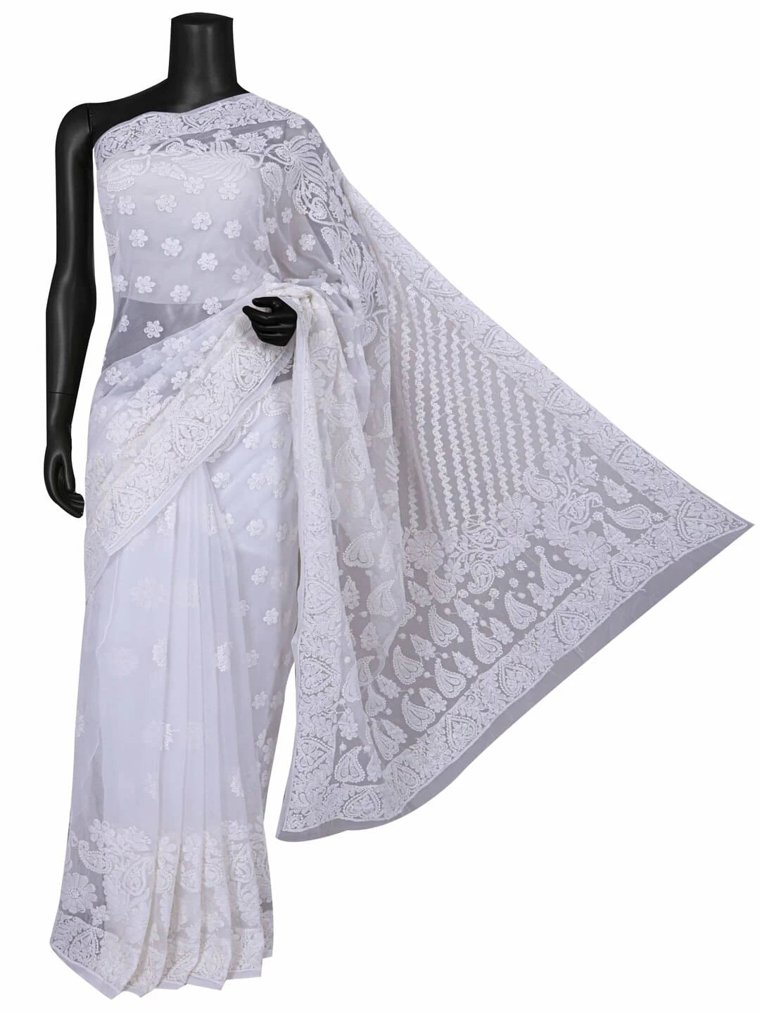 Ada Hand Embroidered White Georgette Lucknowi Chikankari Saree With Blouse 01A238158