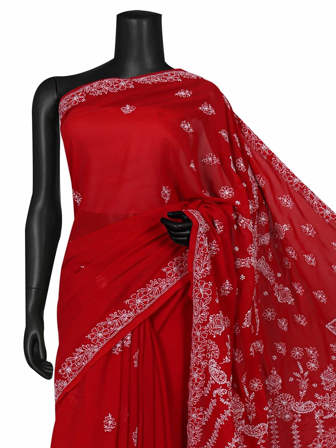 Ada Hand Embroidered Red Georgette Lucknowi Chikankari Saree With Blouse 01A103942
