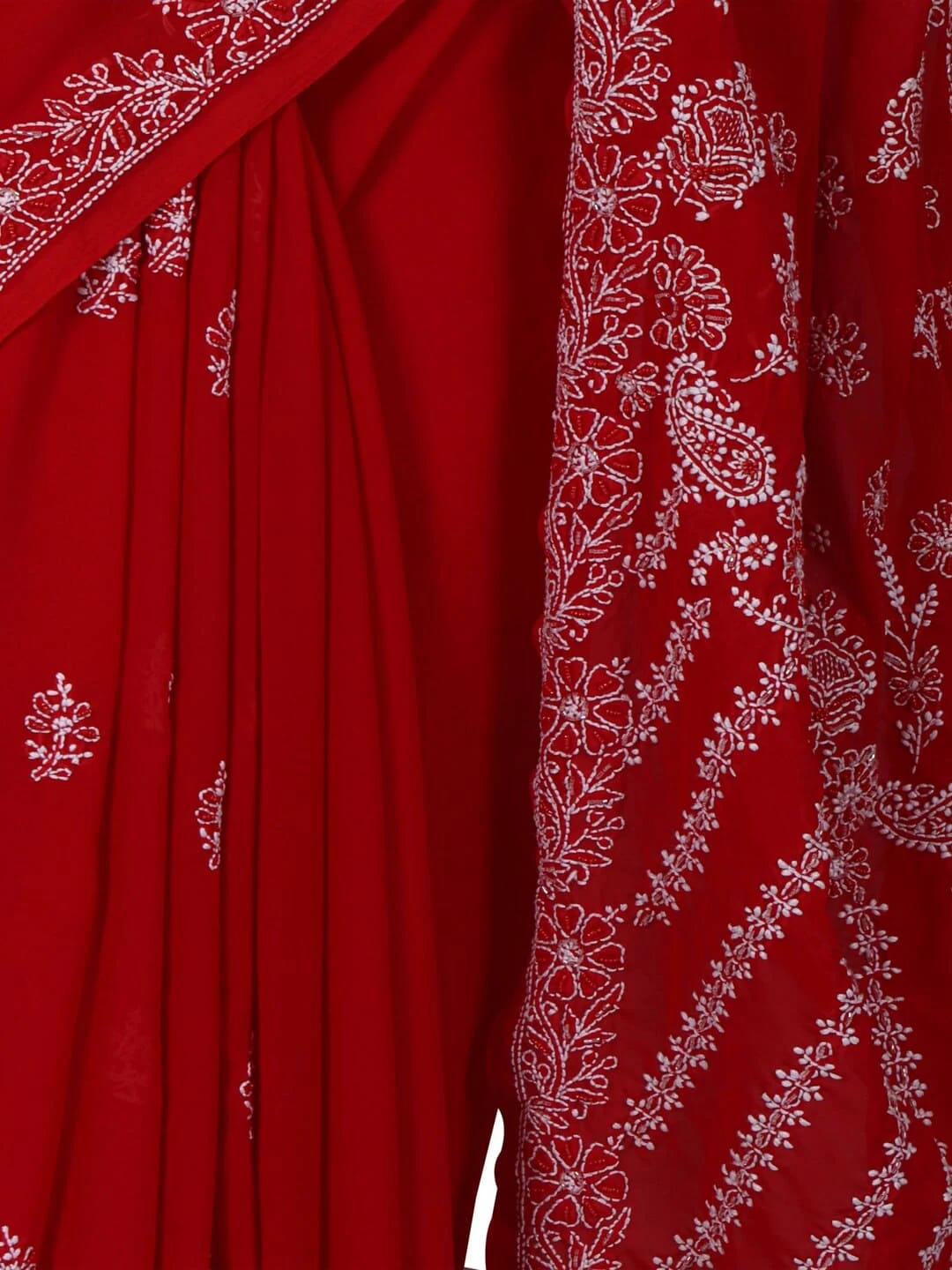 Ada Hand Embroidered Red Georgette Lucknowi Chikankari Saree With Blouse 01A103942