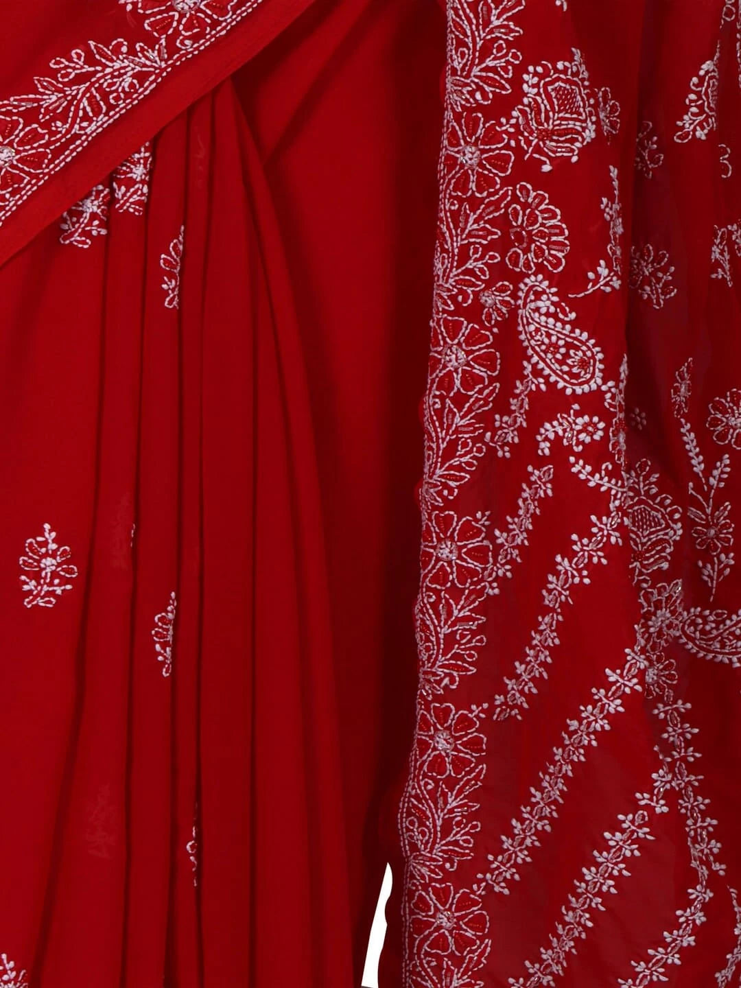 Ada Hand Embroidered Red Georgette Lucknowi Chikankari Saree With Blouse 01A103942