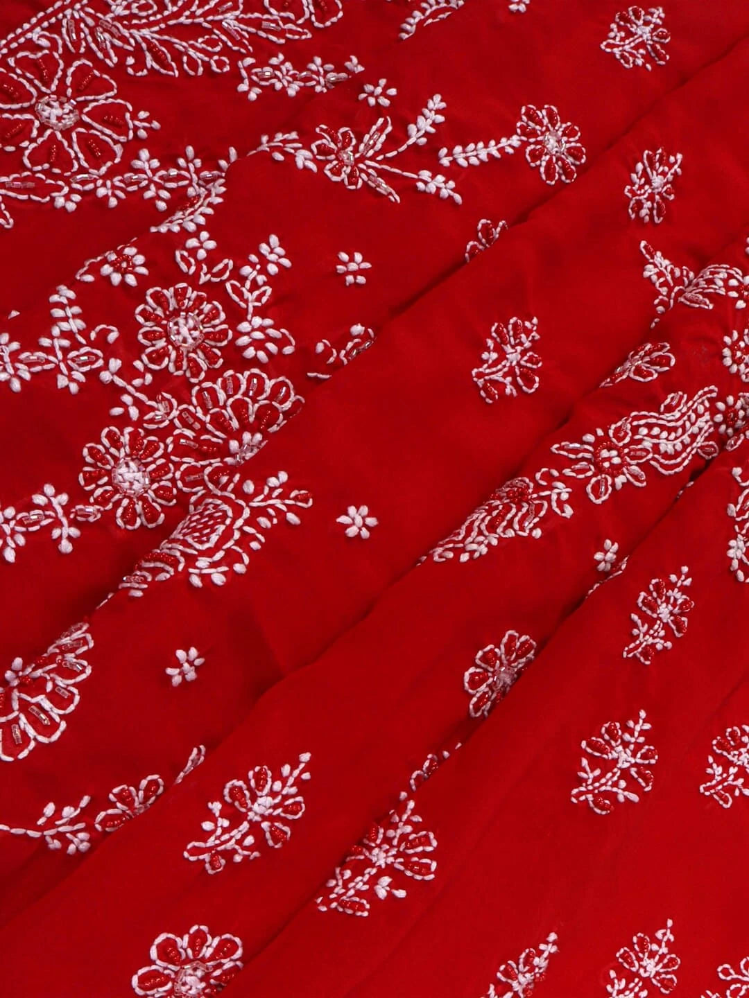 Ada Hand Embroidered Red Georgette Lucknowi Chikankari Saree With Blouse 01A103942