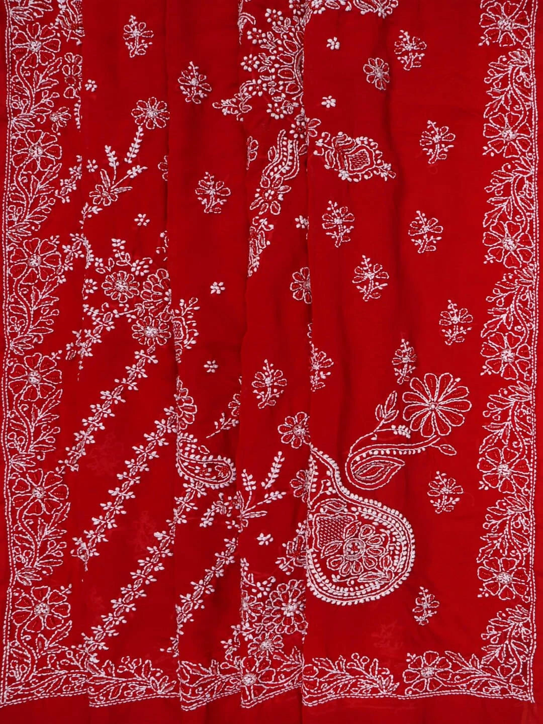 Ada Hand Embroidered Red Georgette Lucknowi Chikankari Saree With Blouse 01A103942