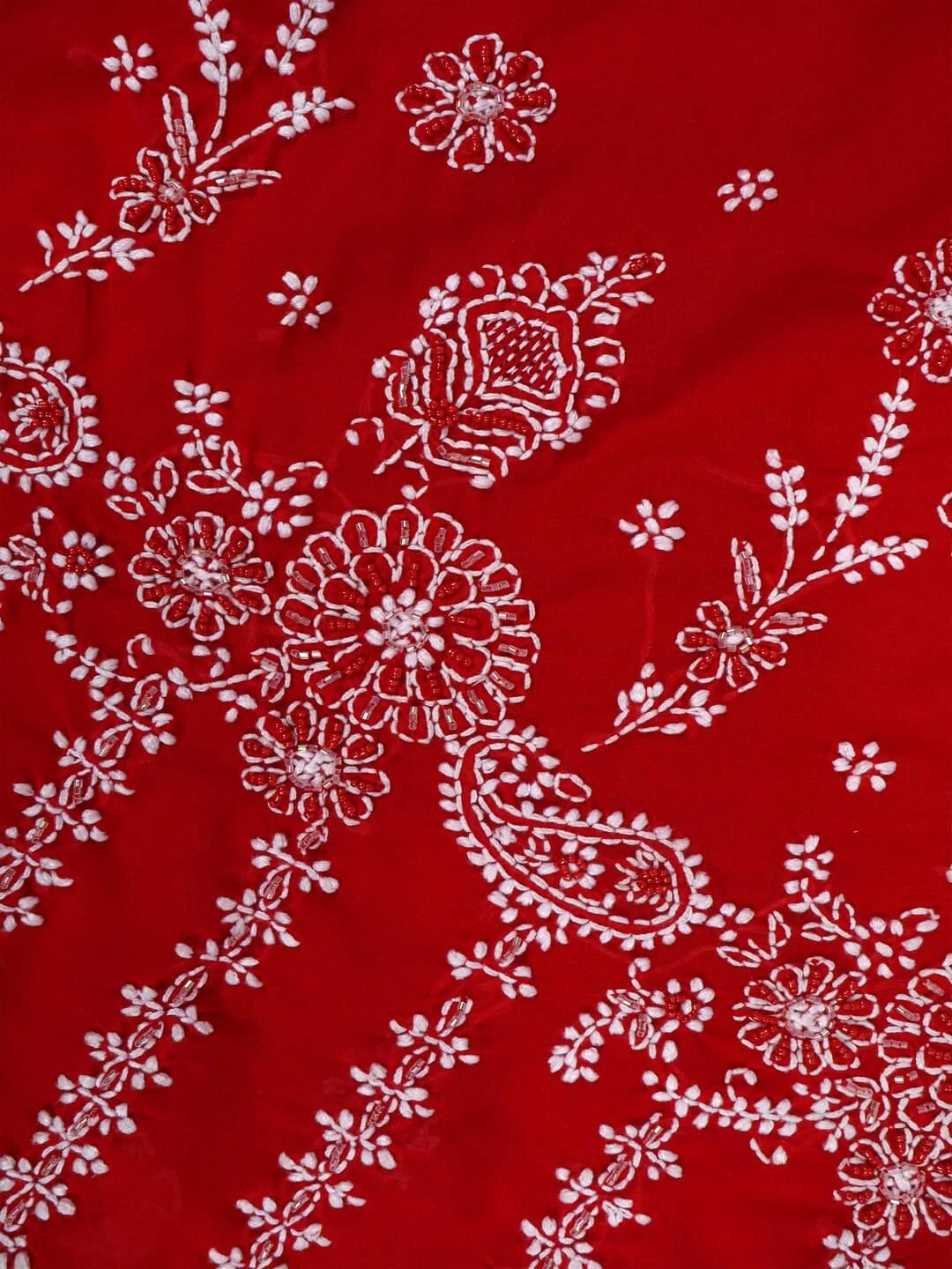Ada Hand Embroidered Red Georgette Lucknowi Chikankari Saree With Blouse 01A103942
