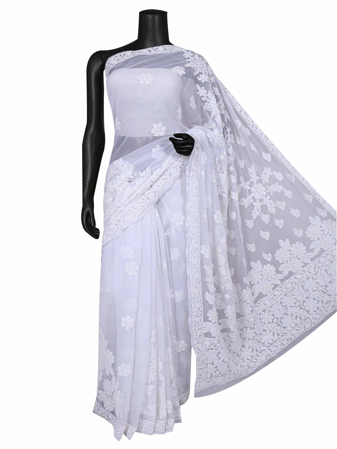 Ada Hand Embroidered White Georgette Lucknowi Chikankari Saree With Blouse 01A103944