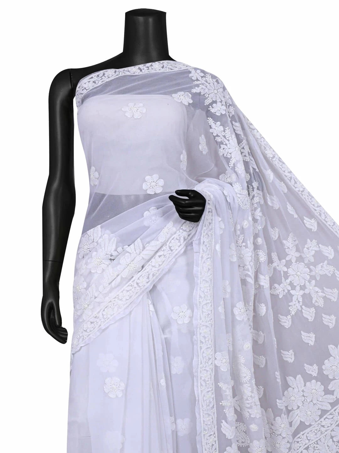 Ada Hand Embroidered White Georgette Lucknowi Chikankari Saree With Blouse 01A103944