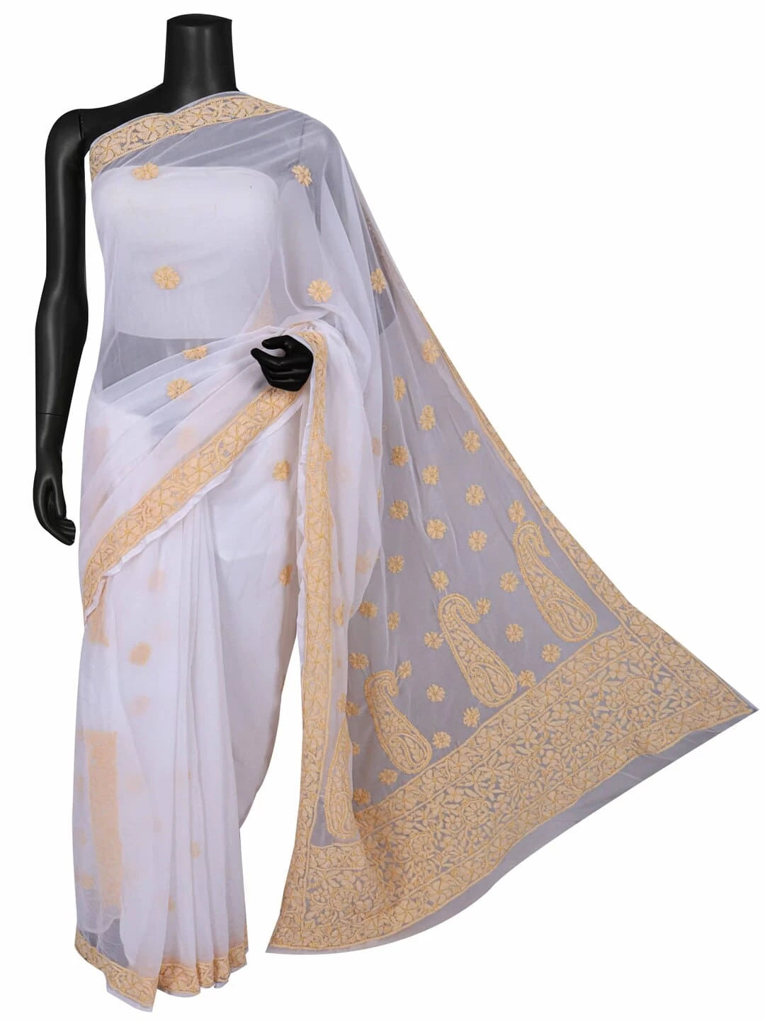 Ada Hand Embroidered White Georgette Lucknowi Chikankari Saree and Blouse 01A194221
