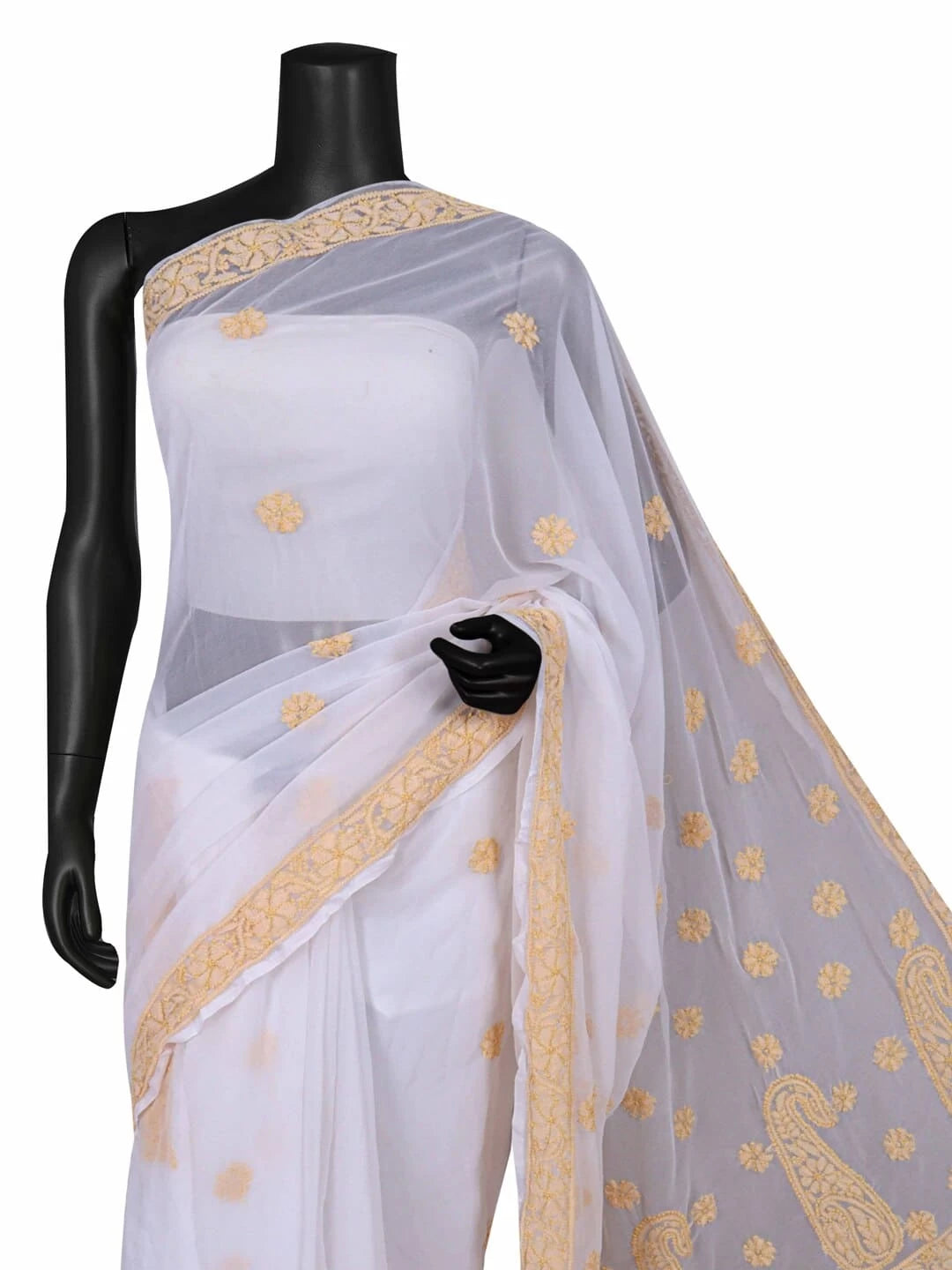 Ada Hand Embroidered White Georgette Lucknowi Chikankari Saree and Blouse 01A194221