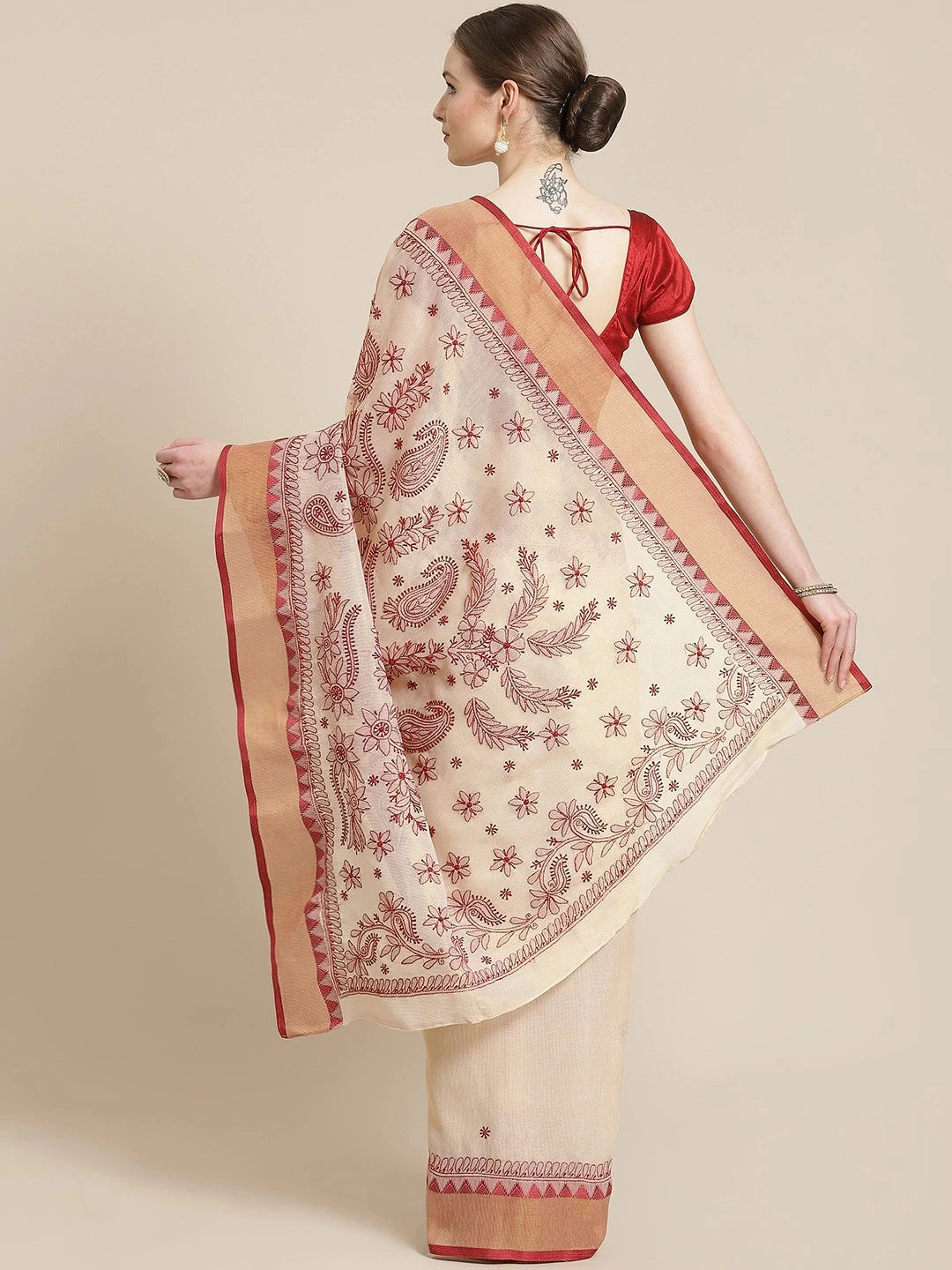 Ada Hand Embroidered Fawn Kota Lucknowi Chikankari Saree With Blouse A311241
