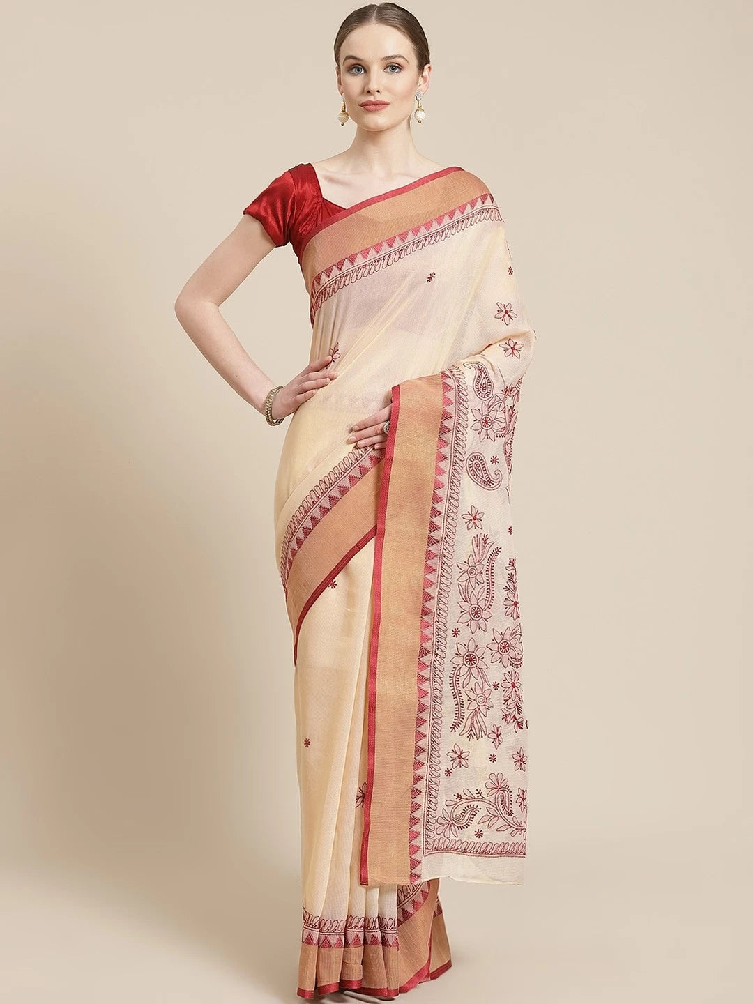 Ada Hand Embroidered Fawn Kota Lucknowi Chikankari Saree With Blouse A311241