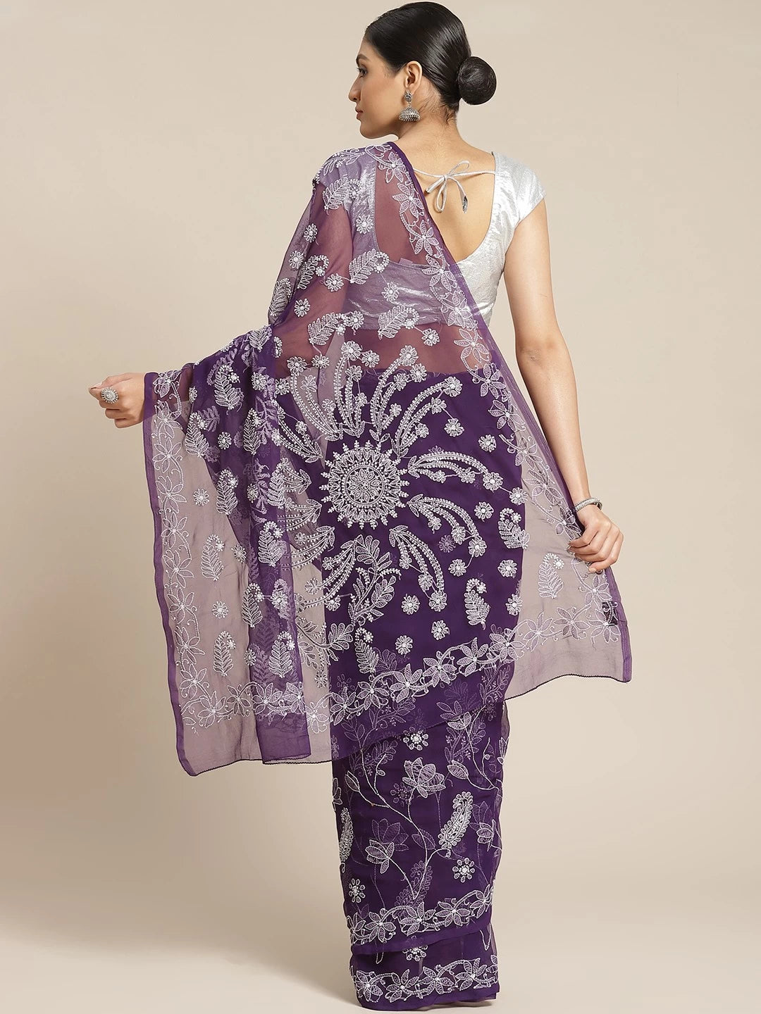 Ada Hand Embroidered Purple Georgette Lucknowi Chikankari Saree With Blouse A130081