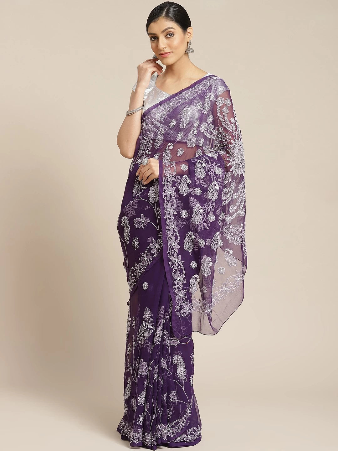 Ada Hand Embroidered Purple Georgette Lucknowi Chikankari Saree With Blouse A130081