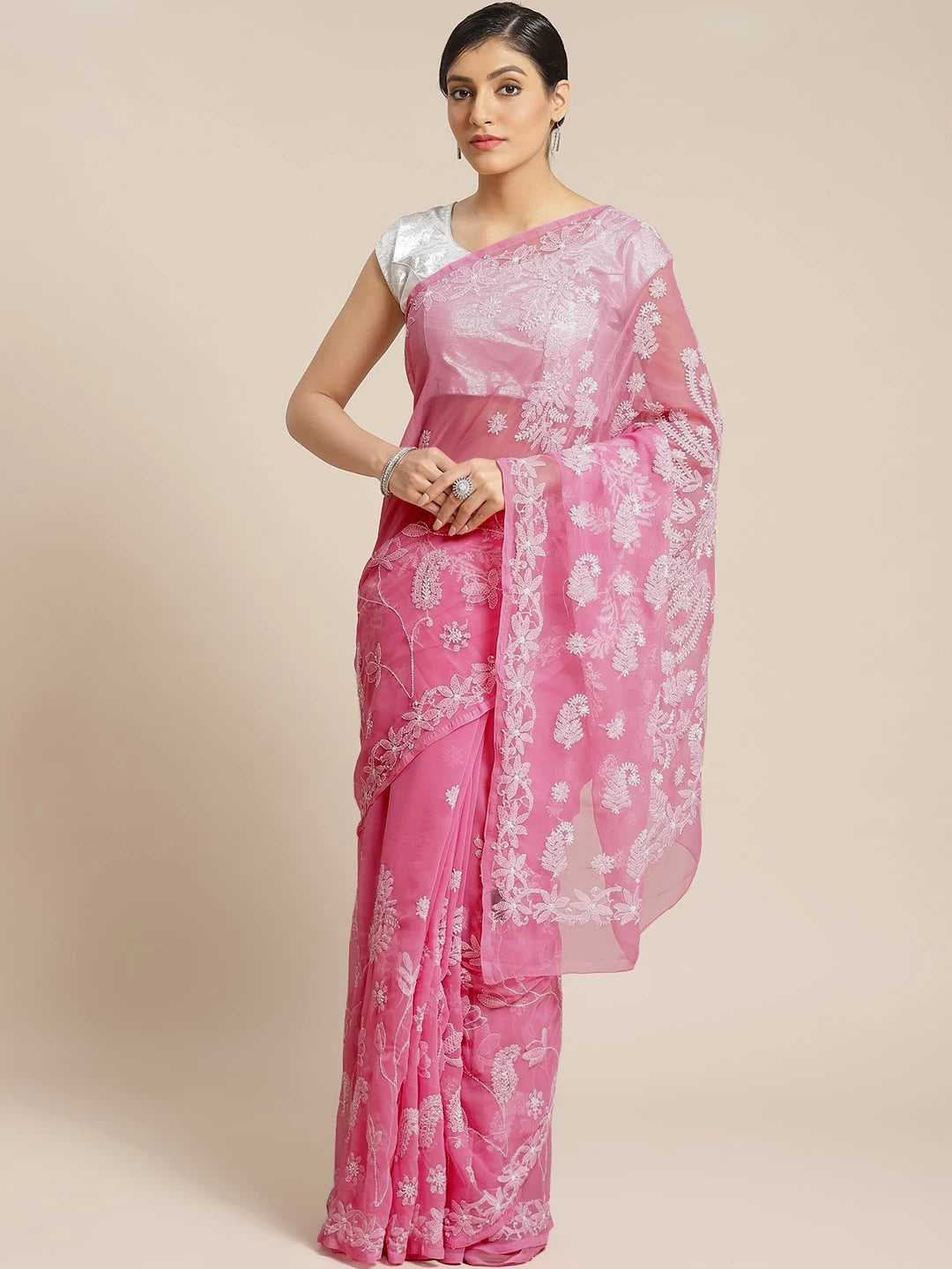 Ada Hand Embroidered Pink Georgette Lucknowi Chikankari Saree With Blouse A129594
