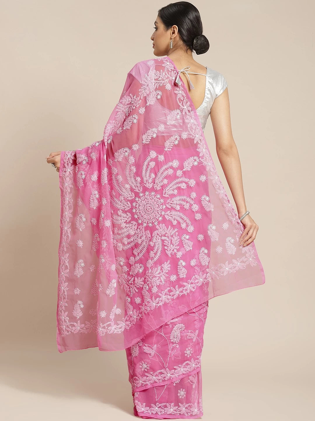 Ada Hand Embroidered Pink Georgette Lucknowi Chikankari Saree With Blouse A129594