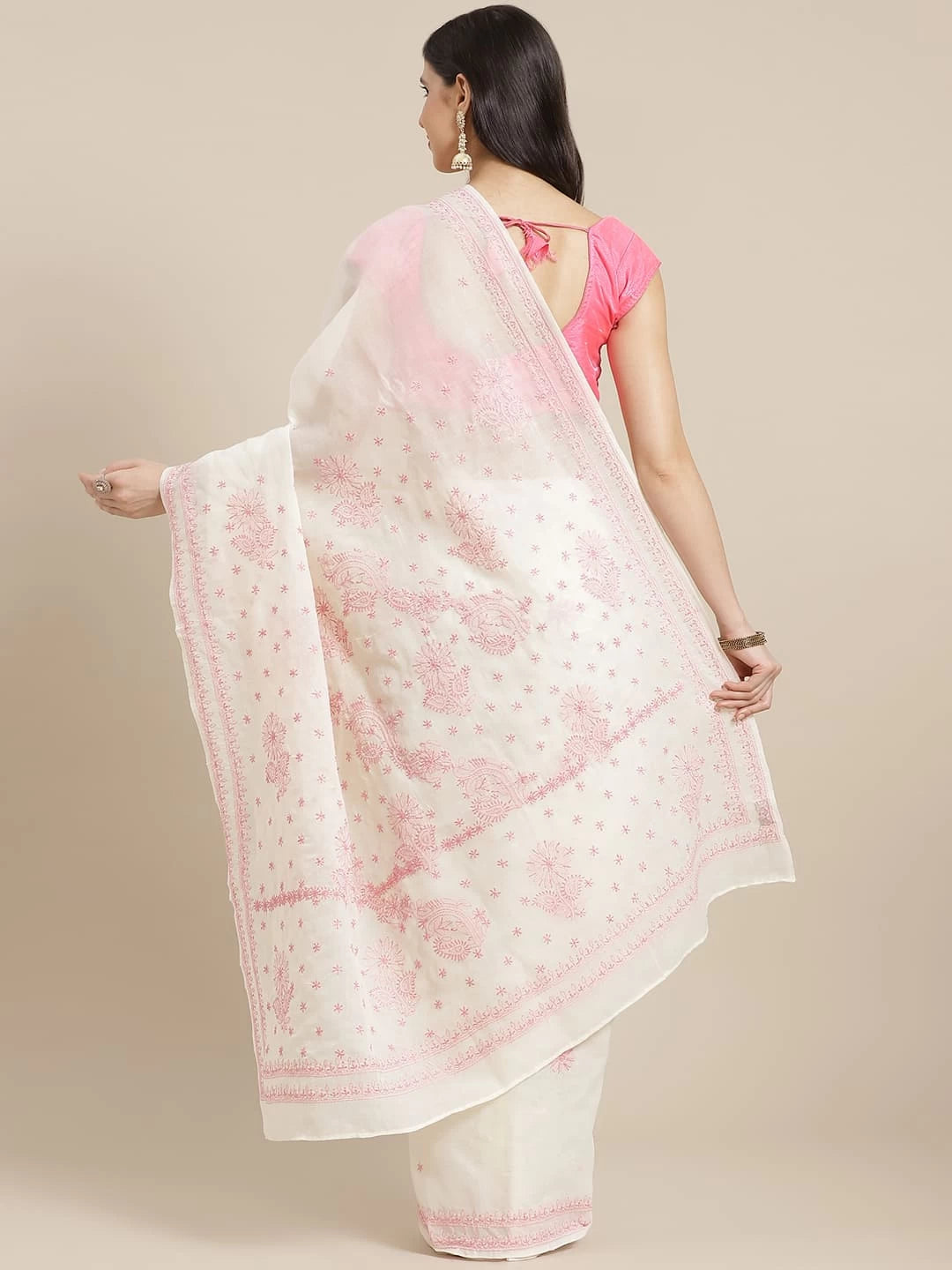 Ada Hand Embroidered Cream Cotton Lucknowi Chikankari Saree With Blouse A311316