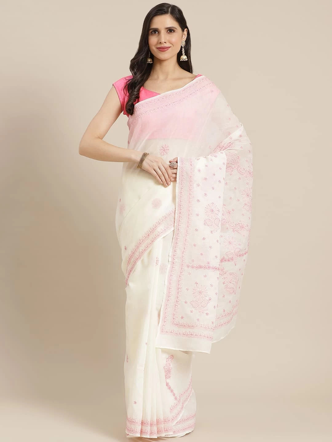 Ada Hand Embroidered Cream Cotton Lucknowi Chikankari Saree With Blouse A311316