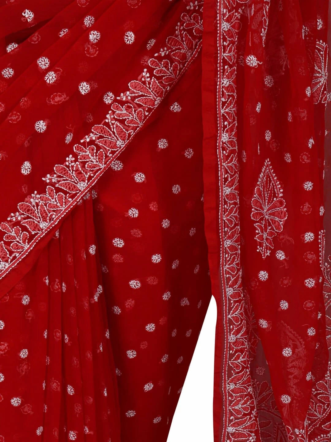 Ada Hand Embroidered Red Georgette Lucknowi Chikankari Saree With Blouse 01A237128