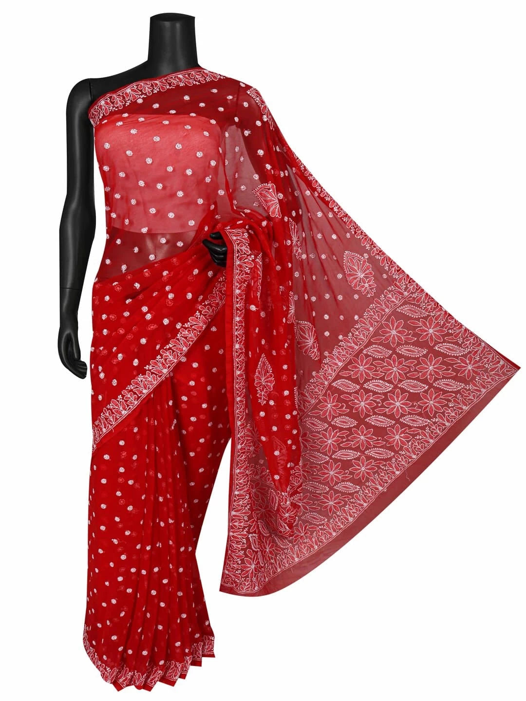 Ada Hand Embroidered Red Georgette Lucknowi Chikankari Saree With Blouse 01A237128
