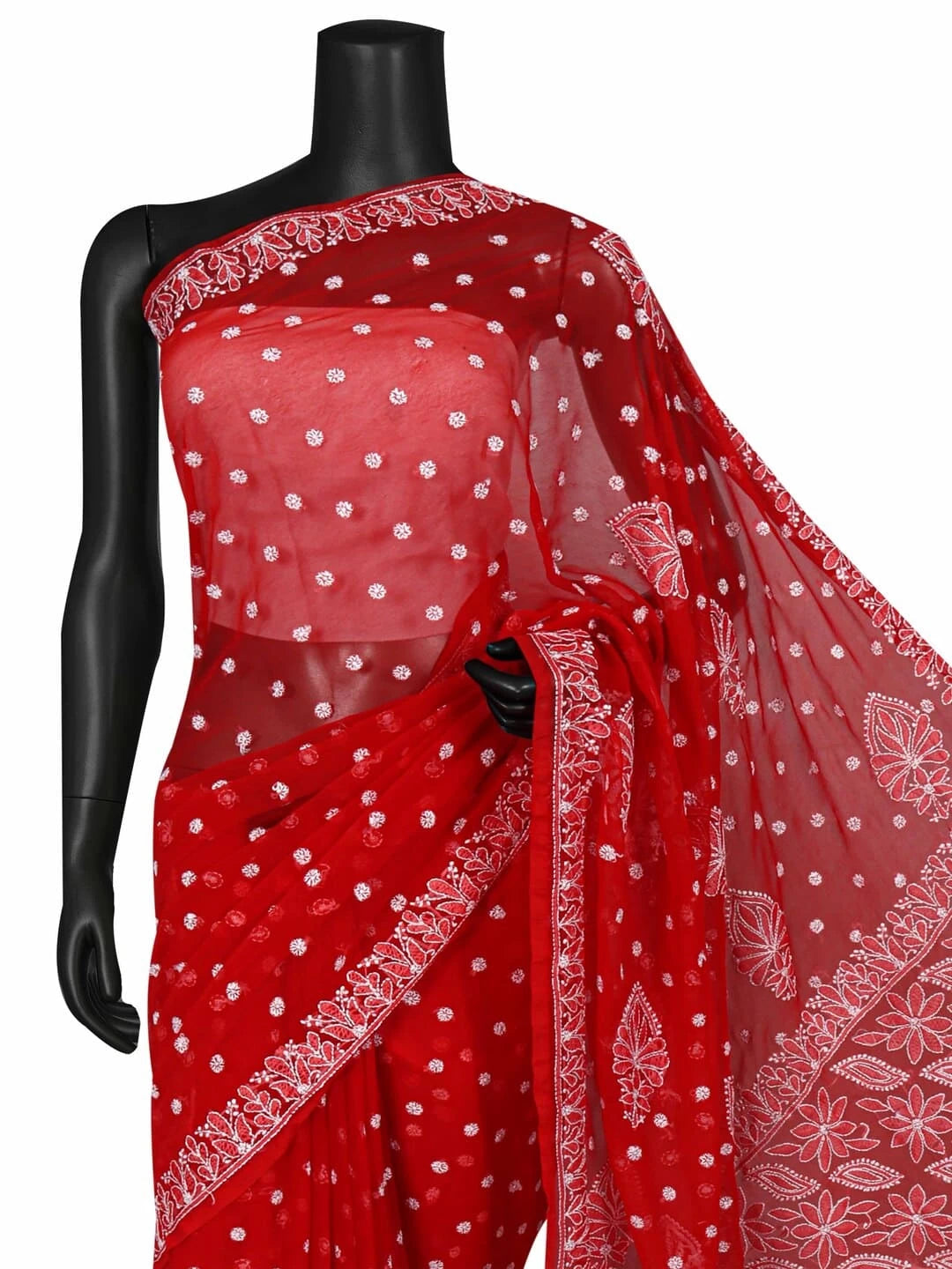 Ada Hand Embroidered Red Georgette Lucknowi Chikankari Saree With Blouse 01A237128