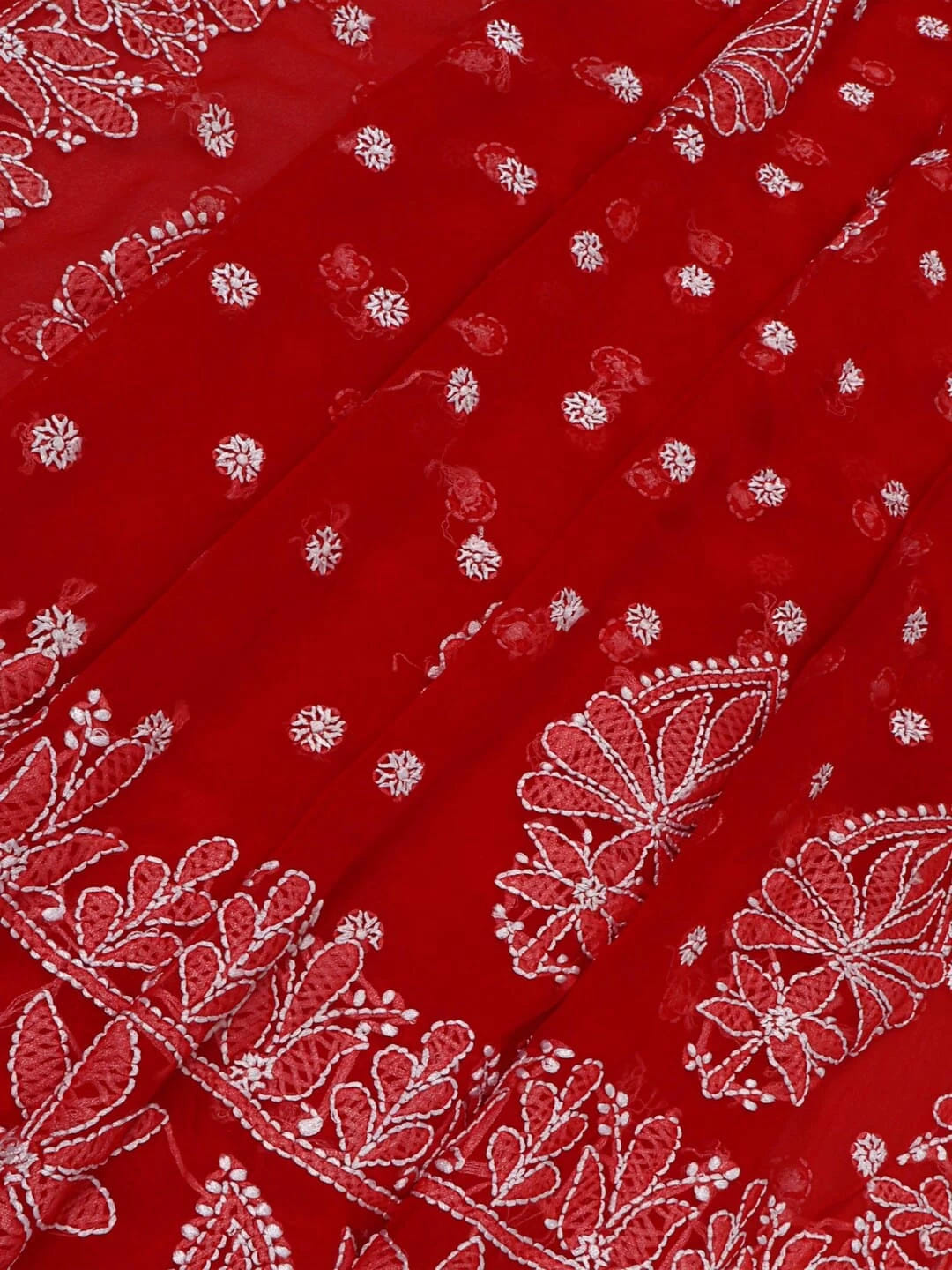 Ada Hand Embroidered Red Georgette Lucknowi Chikankari Saree With Blouse 01A237128