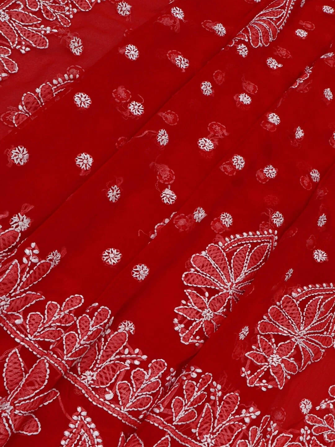 Ada Hand Embroidered Red Georgette Lucknowi Chikankari Saree With Blouse 01A237128