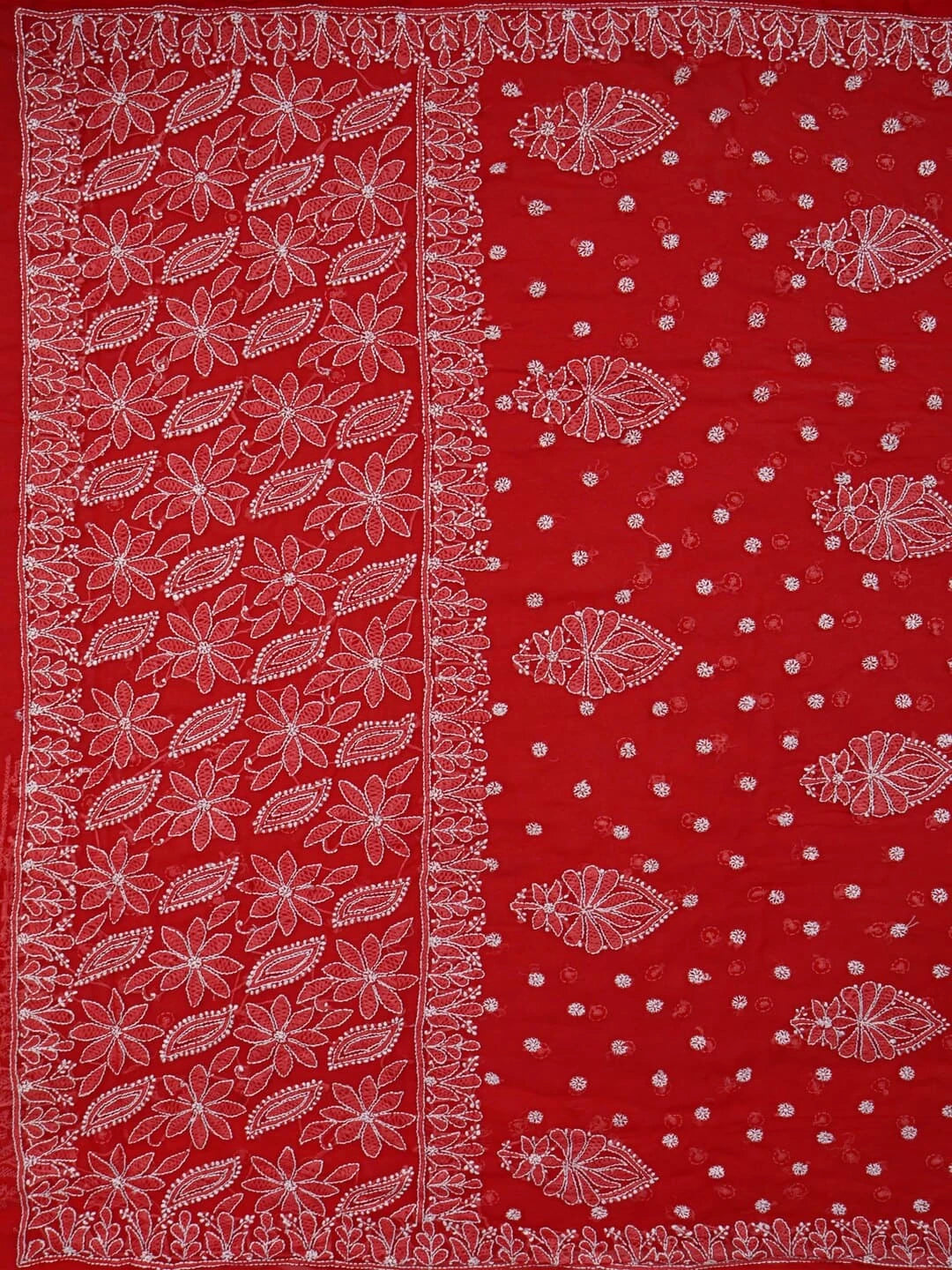 Ada Hand Embroidered Red Georgette Lucknowi Chikankari Saree With Blouse 01A237128