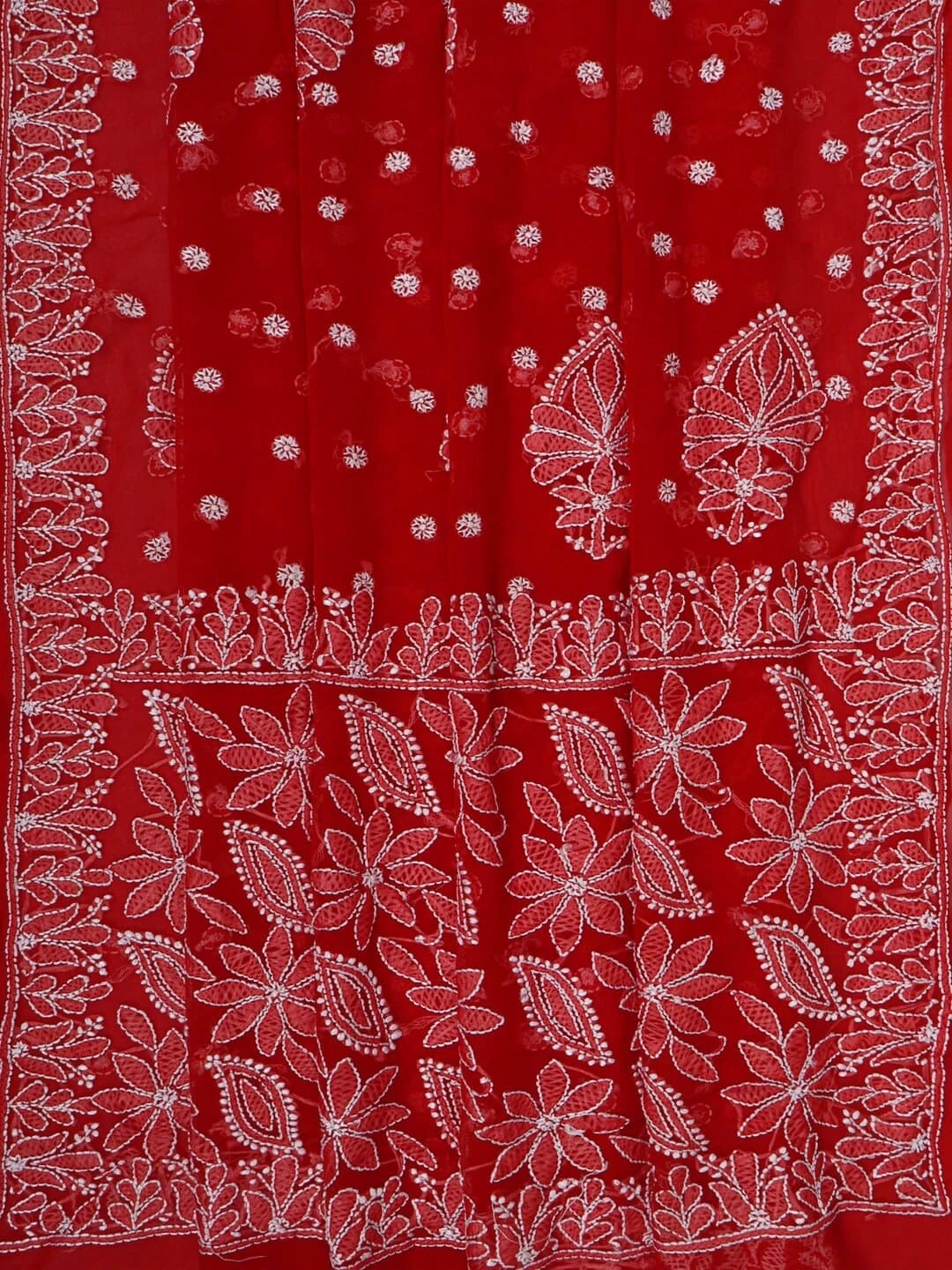 Ada Hand Embroidered Red Georgette Lucknowi Chikankari Saree With Blouse 01A237128