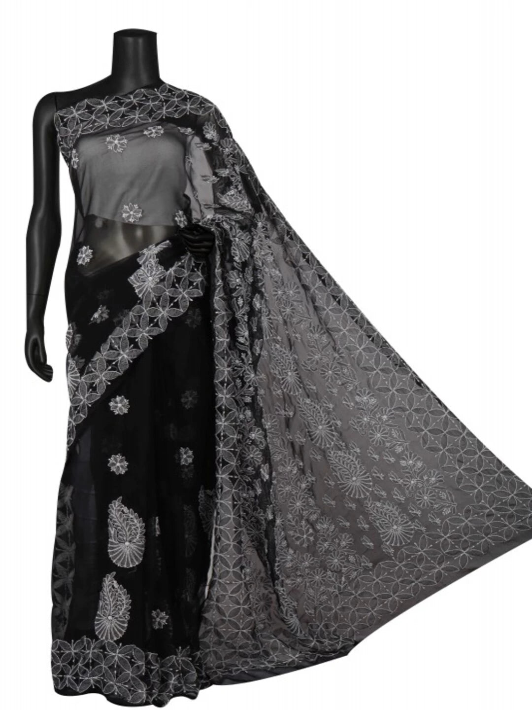 Ada Hand Embroidered Black Georgette Lucknowi Chikankari Saree with Blouse 01A103951