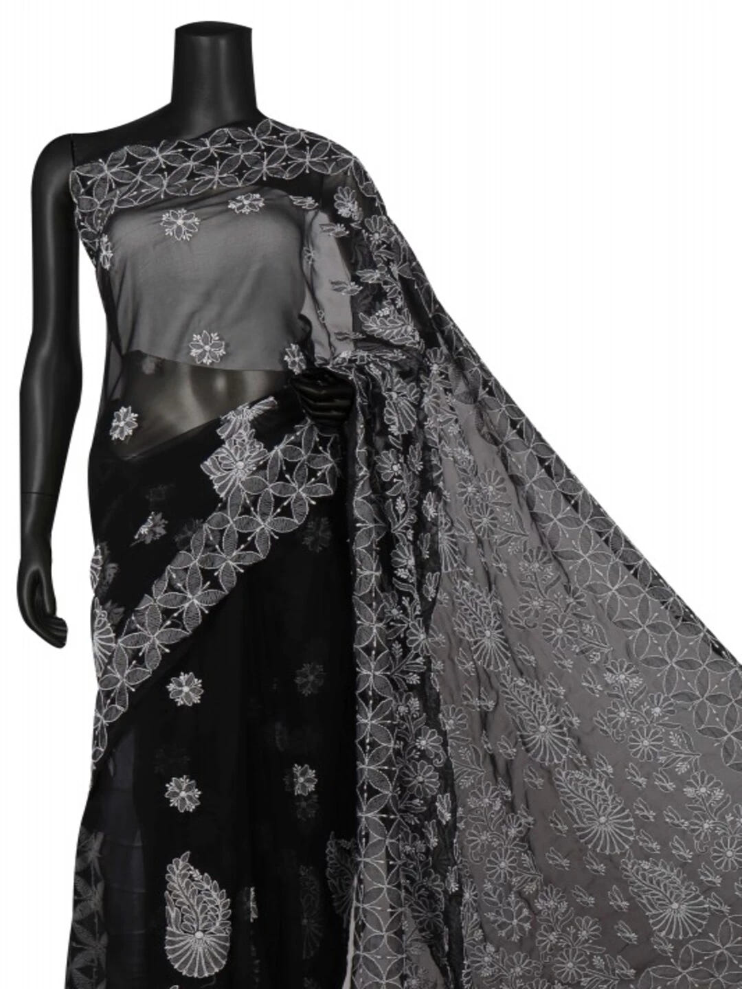 Ada Hand Embroidered Black Georgette Lucknowi Chikankari Saree with Blouse 01A103951