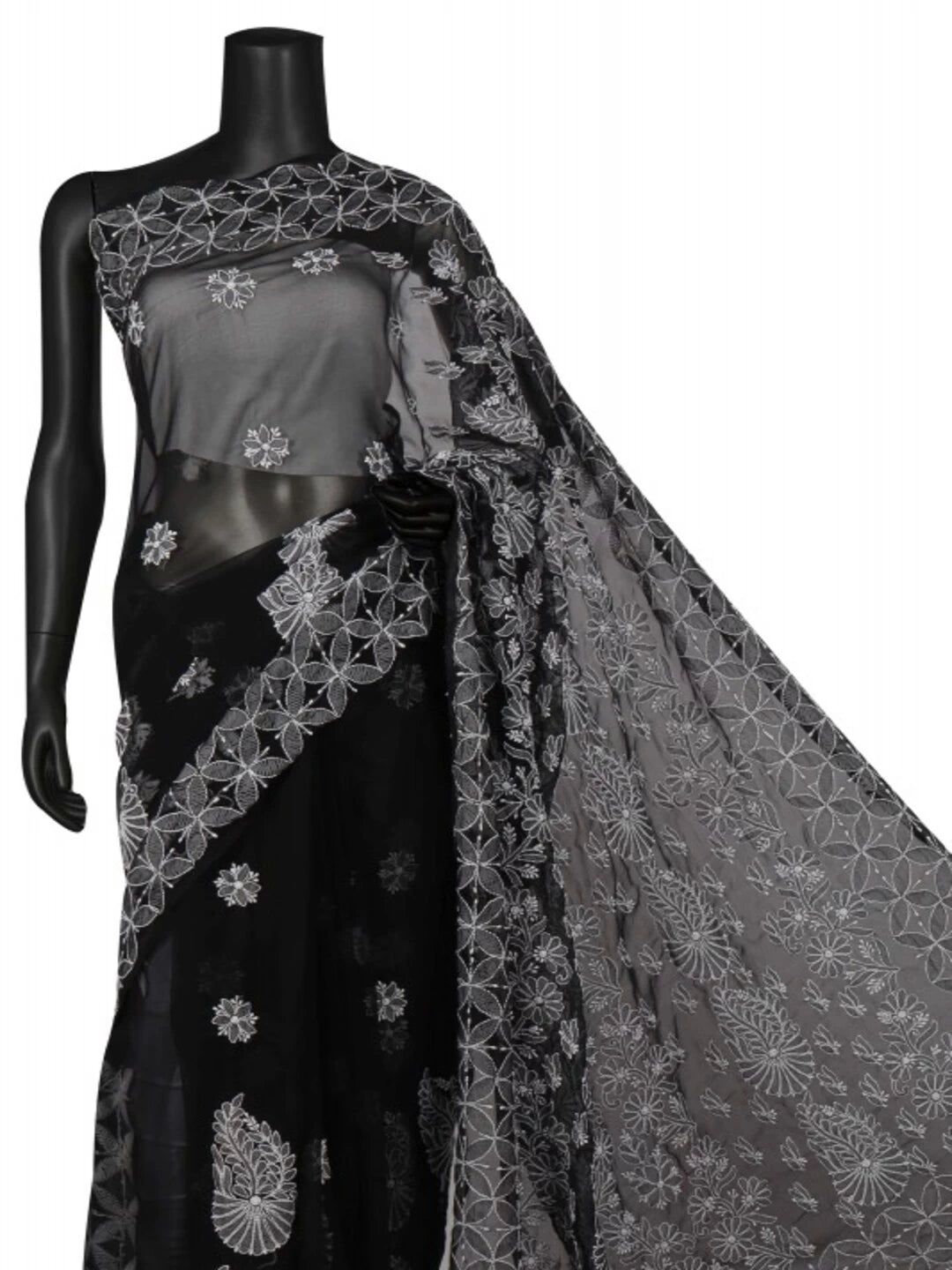 Ada Hand Embroidered Black Georgette Lucknowi Chikankari Saree with Blouse 01A103951