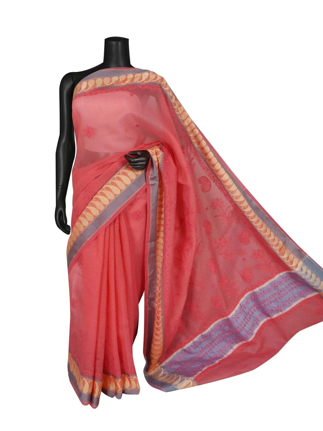 Ada Hand Embroidered Carrot Pink Kota Lucknowi Chikankari Saree With Blouse 01A209750