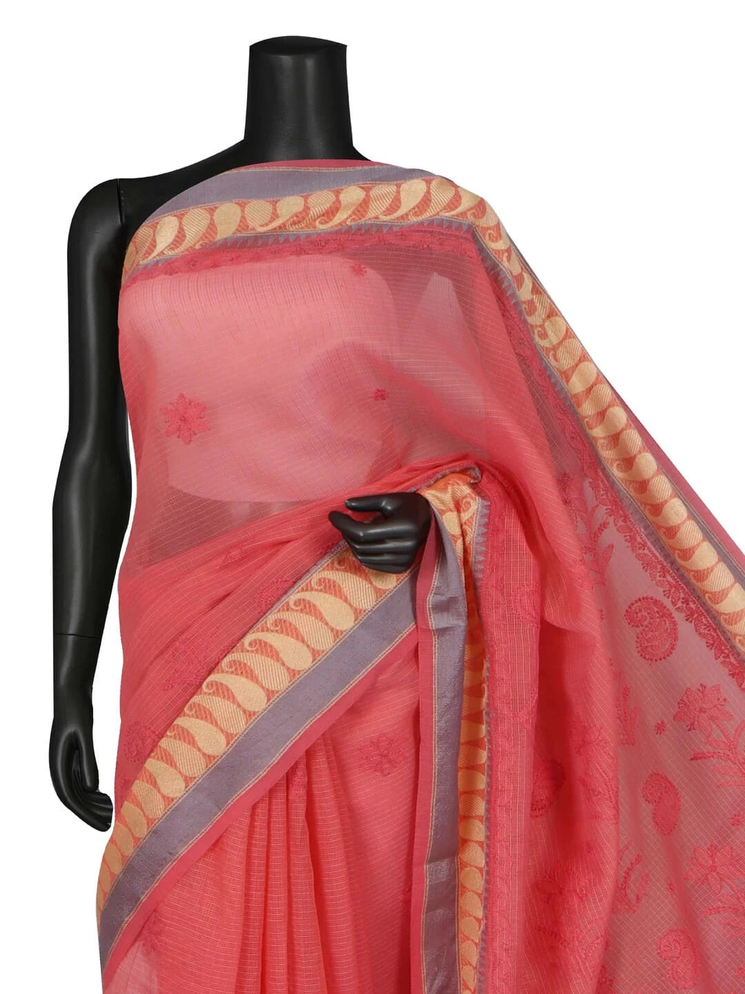 Ada Hand Embroidered Carrot Pink Kota Lucknowi Chikankari Saree With Blouse 01A209750
